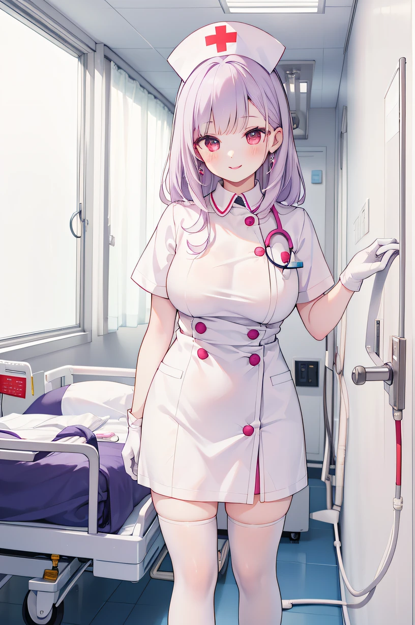 1woman, solo, nurse, nurse cap, white wear, ((white legwear, zettai ryouiki)), white gloves, long hair, purple hair, red eyes, pink lips, smile, standing, ((hospital room)), sharp outline, short sleeves, mature female, 35 years old, best quality, masterpiece