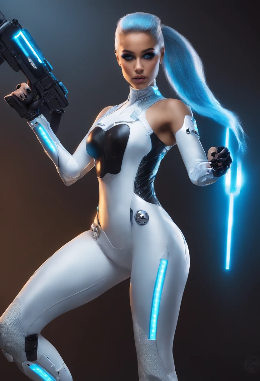 Full body cyber girl with a ponytail. Ariana Grande's face. Bright white color to show she's a cyber girl whit laser rifle. white eyebrows. clothing like catsuit. She also has bright blue eyes. The environment is terminator like. Hair is platina. She is lit with the bright blue color on one side of her face. Led like. And both hands have the led light too.