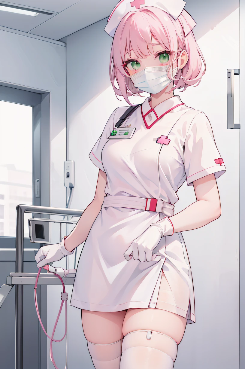 1 female, alone, nurse, nurse cap, white clothes, ((white legwear, zettai ryouiki)), white gloves, long hair, purple hair, red eyes, ((white surgical mask, covered nose)), Are standing, ((hospital room)), sharp outline, short sleeve, mature woman, 35 years old, highest quality, masterpiece