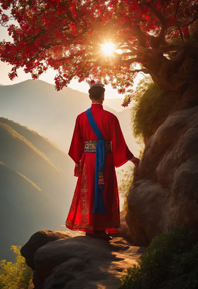 A young man dressed in a Zhuang costume,Walk through steep mountains,The sun is shining,blue-sky,Go in search of the legendary magical pomegranate tree