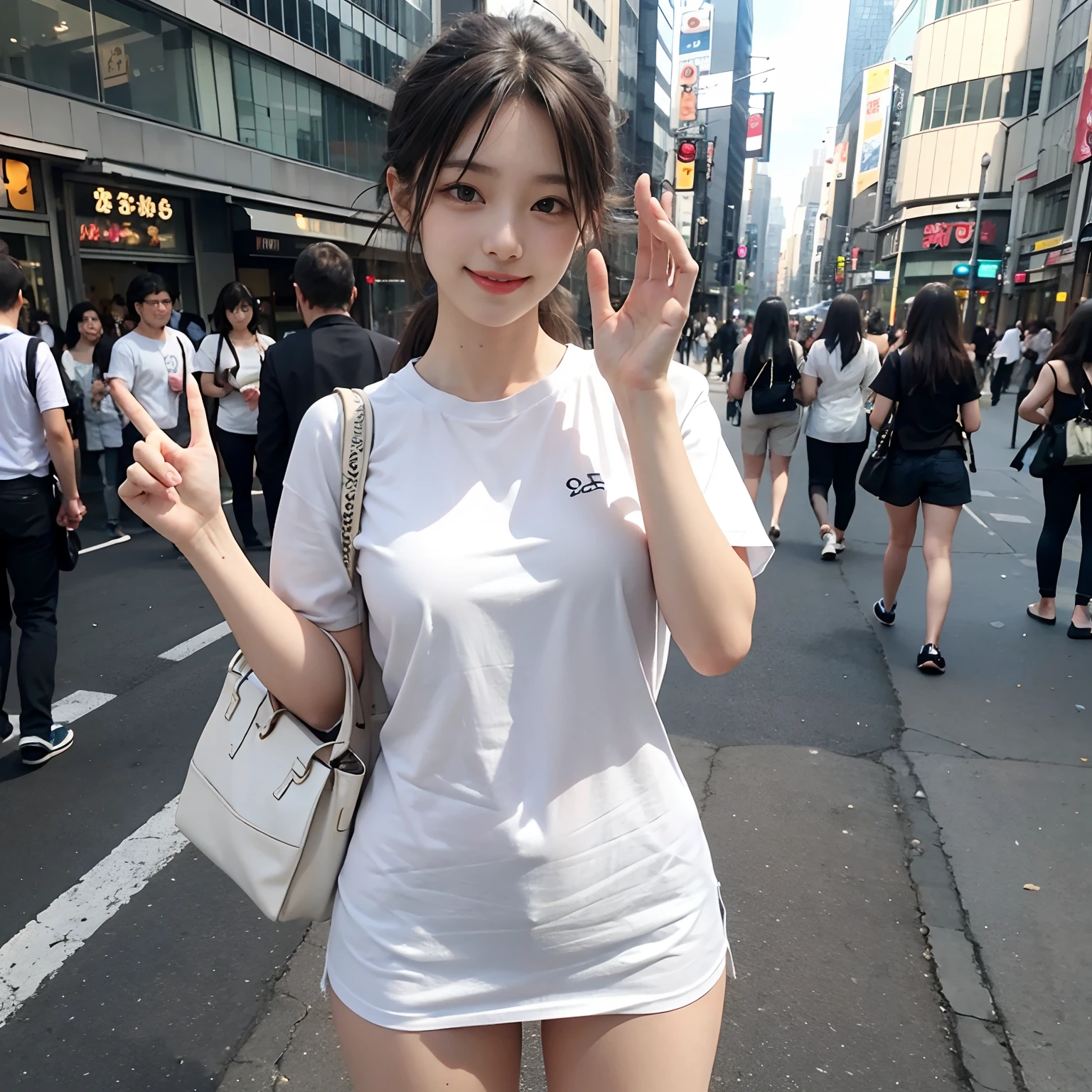 18year old、white shirt、Cute eyes、legs are long、piece sign、Smiling smile、City of Shibuya。full bodyesbian。
