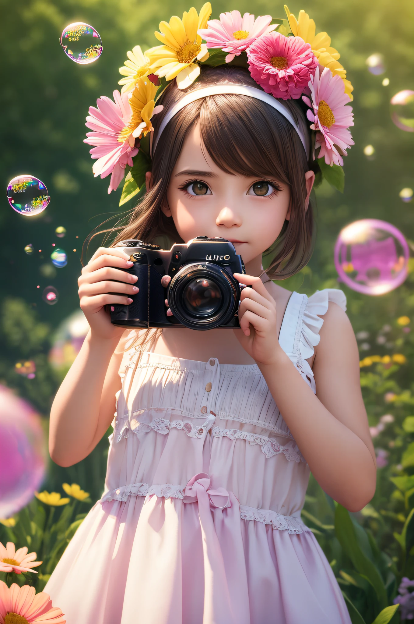 girl, holding a camera, wearing flowers on her head, floating bubbles, cute flowers and small details, 3d render, cinematic, vibrant