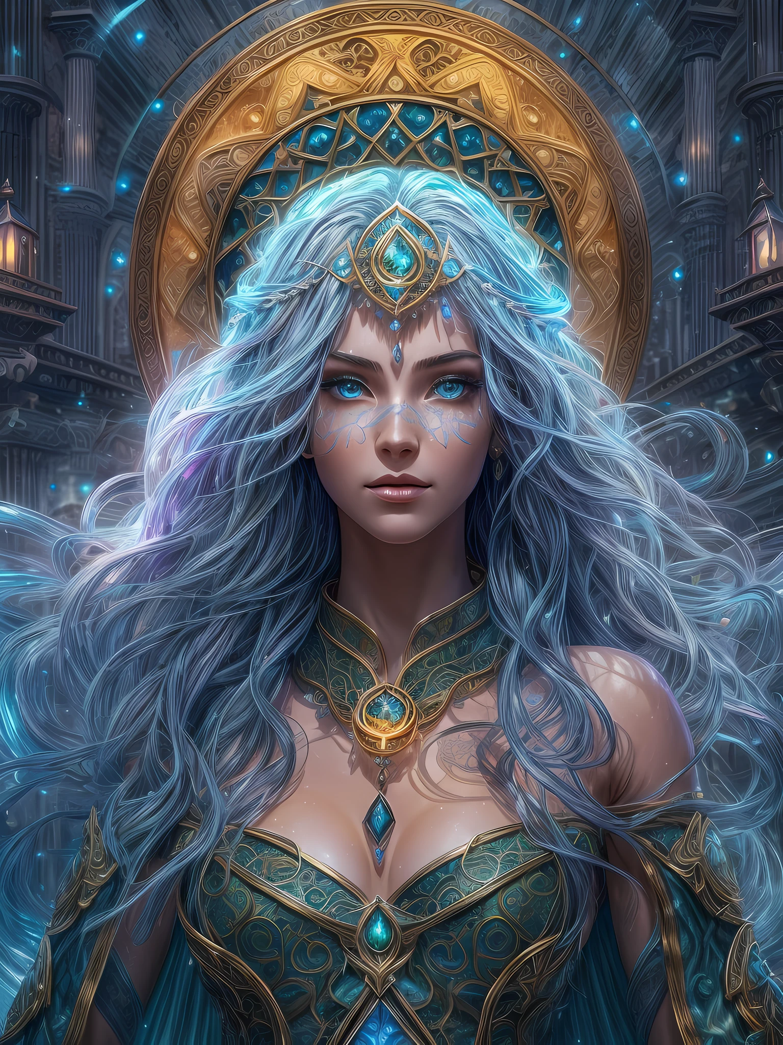 high details, best quality, 8k, [ultra detailed], masterpiece, best quality, (extremely detailed), full body, ultra wide shot, photorealistic, fantasy art, dnd art, rpg art, realistic art, an ultra wide picture of a female human (1.5 intricate details, Masterpiece, best quality) godess of water  ((watery radiant aura)), controlling a swirling streams of watery magic (1.5 intricate details, Masterpiece, best quality), manipulating purple radiant magical symbols, [[divine symbols]] (1.5 intricate details, Masterpiece, best quality), human female, blue  hair, long hair with aura, hair with green radiant eyes, intense eyes, holding a staff, ((radiant eyes)), (( green glowing eyes)), dynamic clothing, magical library, with many books, and magical runes and wards, glowing arcane sigils GlowingRunes_paleblue, crystal ball (best details, Masterpiece, best quality) on table, runes on crystal balls GlowingRunes_yellow, fantasy magical library background (best details, Masterpiece, best quality), Ultra-Wide Angle, high detail, award winning, best quality, HD, 16K, 3D rendering, high details, best quality, highres, ultra wide angle, 3D rendering, [[anatomically correct]]