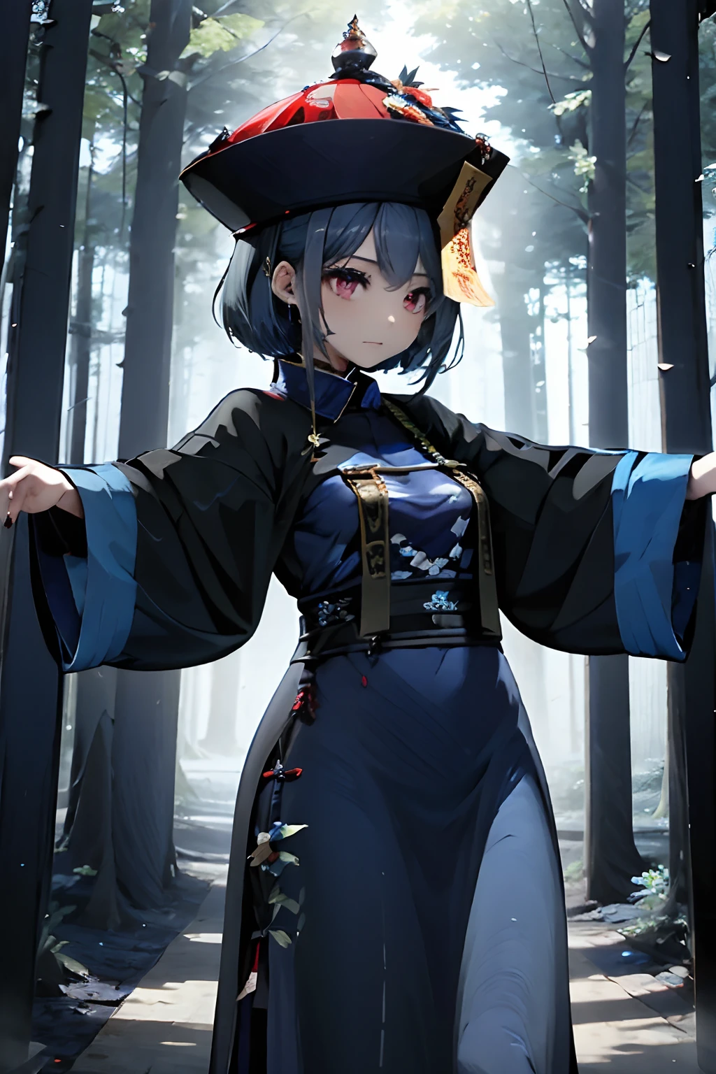 girl, Jiangshi, Chinese dress, fulu on her head, blue hair, blue skin, in a forest, fulu on her head, Chinese paper souls in the air, expressionless, 4k, arms down