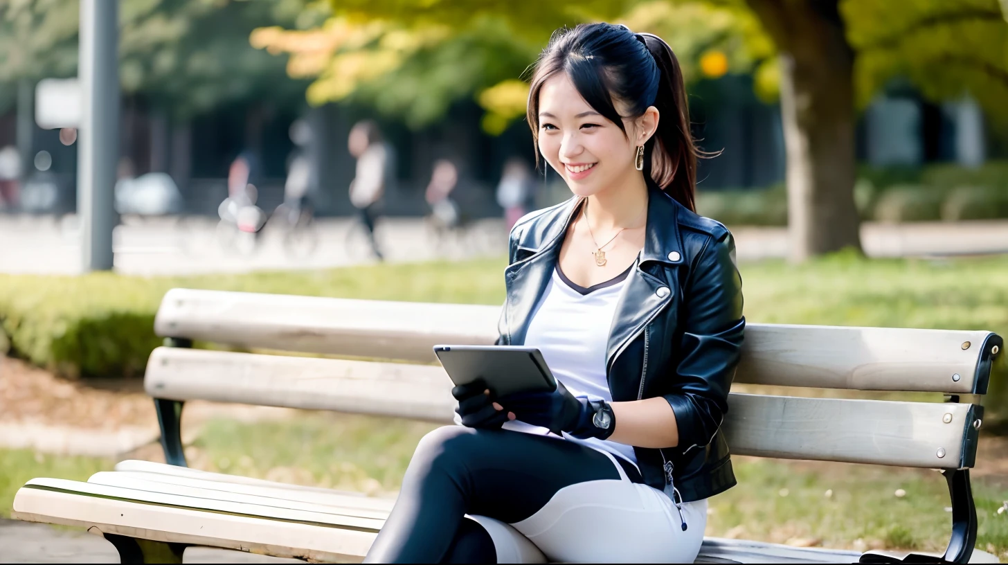 Japanese young cute smiling female secretary, black hair ponytail, black leather rider's jacket, black leather shirt, black leather skinny pants, black leather long boots, wearing black leather gloves in both hands, 8K, sitting on a summer park bench in the early afternoon ((with both hands of black leather gloves), smilingly operate the tablet, necklace, earrings, rider gloves beside