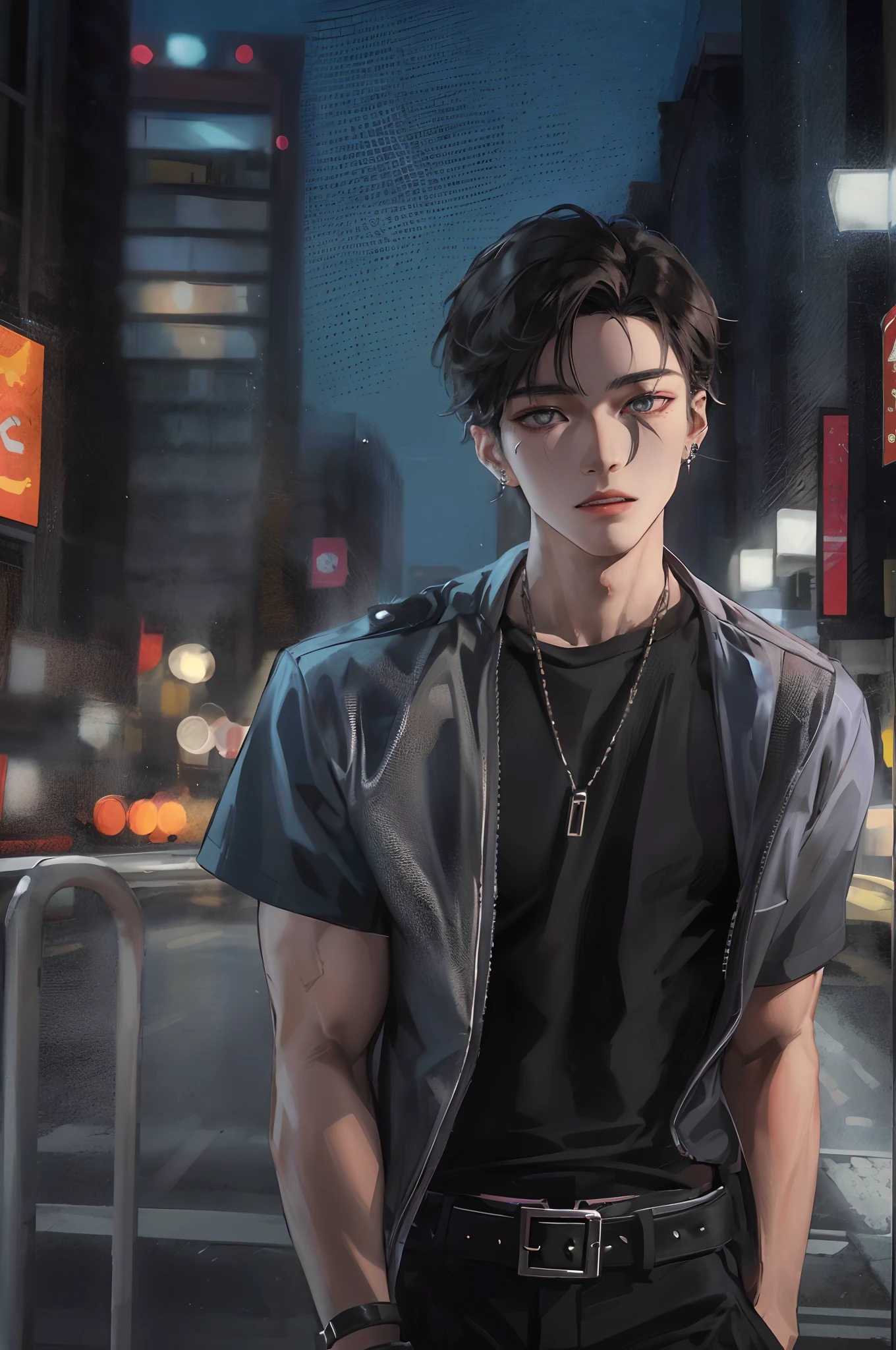 Describe the striking features of the Korean boy in sharp HD graphics, with his piercing amber eyes and chiseled jawline, wearing a stylish, modern outfit that accentuates his lean physique. His short, dark hair is styled in a contemporary way, giving him an air of confidence and charm as he stands against a vibrant cityscape backdrop.