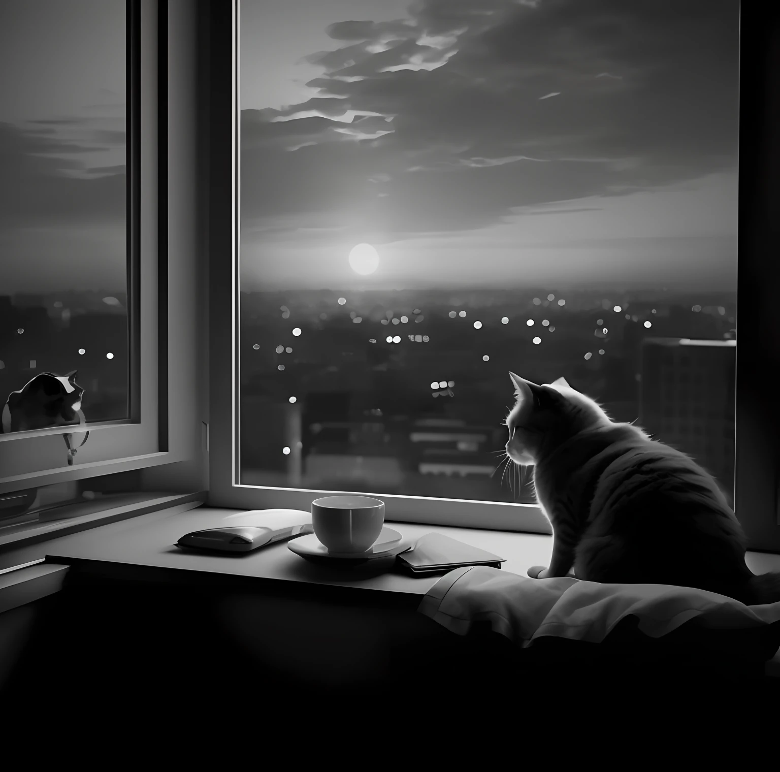 There was a cat sitting on a windowsill looking out over the city, cat on a windowsill, calm evening. Digital illustration, early morning mood, a cat sipping coffee, window to night time, the cat is drinking tea, morning atmosphere, early morning, Evening atmosphere, morning time, cat. Digital painting, beautiful morning, Black and white picture