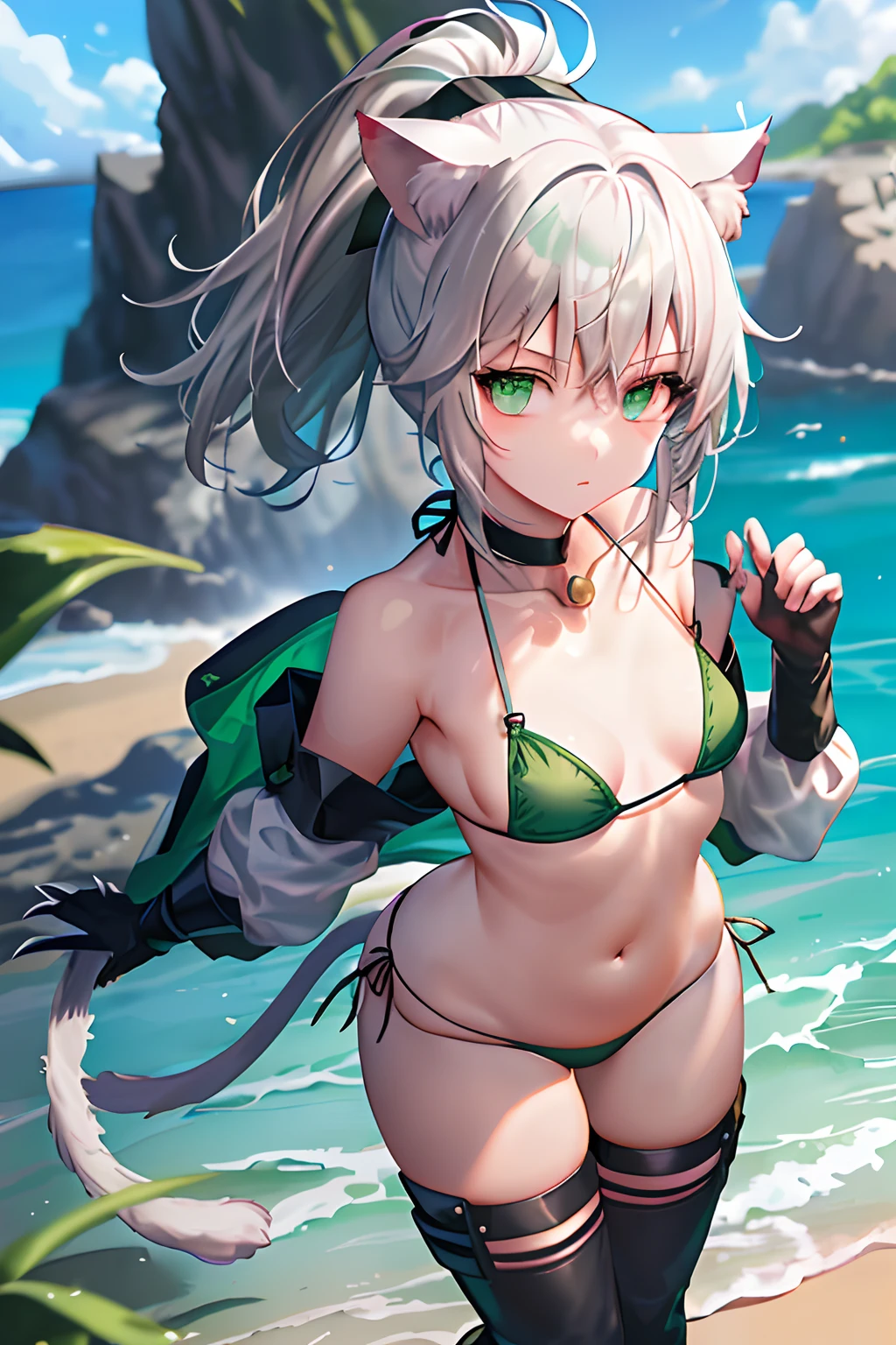 Movie angle, depth of field, (viewing viewer), (front right: 1), (standing photo: 1), cat eared girl, (solo),silver hair,(white skin:1), (curvaceous:1.2), (wide hips:1.1), girl with cat ears, (beautiful beach background), (coast background: 1.4), (coast background: 1.4), (green clothes), (bare shoulders, green micro bikini), ( Green T-back panties: 1.2), (green glove armor: 1.2), sharp claws, detailed horns, green choker, green thigh-high boots, (ponytail, hairs between the eyes), (silver-haired), green eyes), (flat chest: 1.2), expressionless, stunned, sleepy, wakame