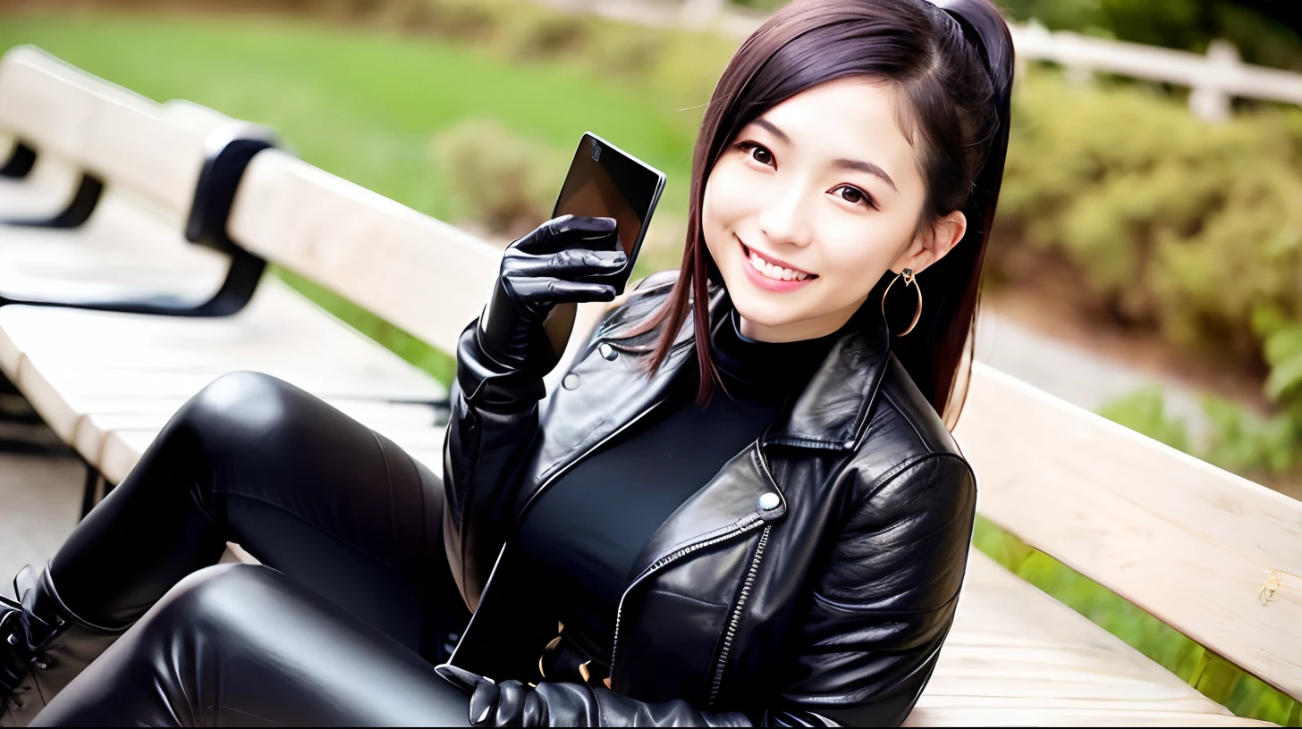 Japanese young cute smiling female secretary, black hair ponytail, black leather rider's jacket, black leather shirt, black leather skinny pants, black leather long boots, wearing black leather gloves in both hands, 8K, sitting on a summer park bench in the early afternoon ((with both hands of black leather gloves), smilingly operate the tablet, necklace, earrings, rider gloves beside