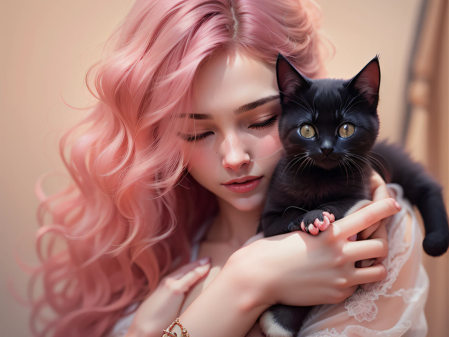 Beutiful women, 18 years old, Holding a black kitten with its eyes closed, Daytime, joy, Cinematic lighting, photorealistic image, picture perfect，Pink Long Hair