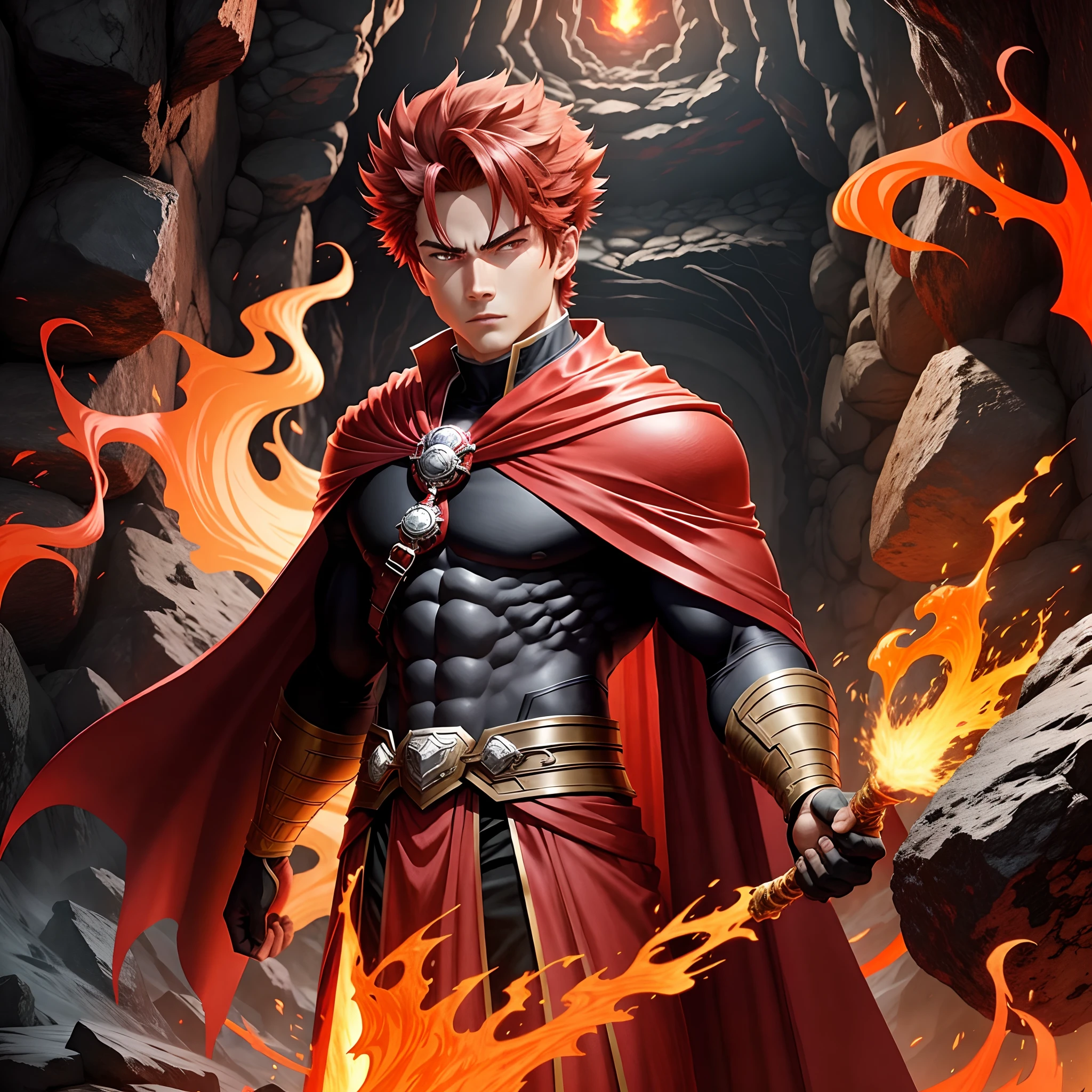 Lava boy, in lava room, red cloak lava, strong face, male anime characters, male anime