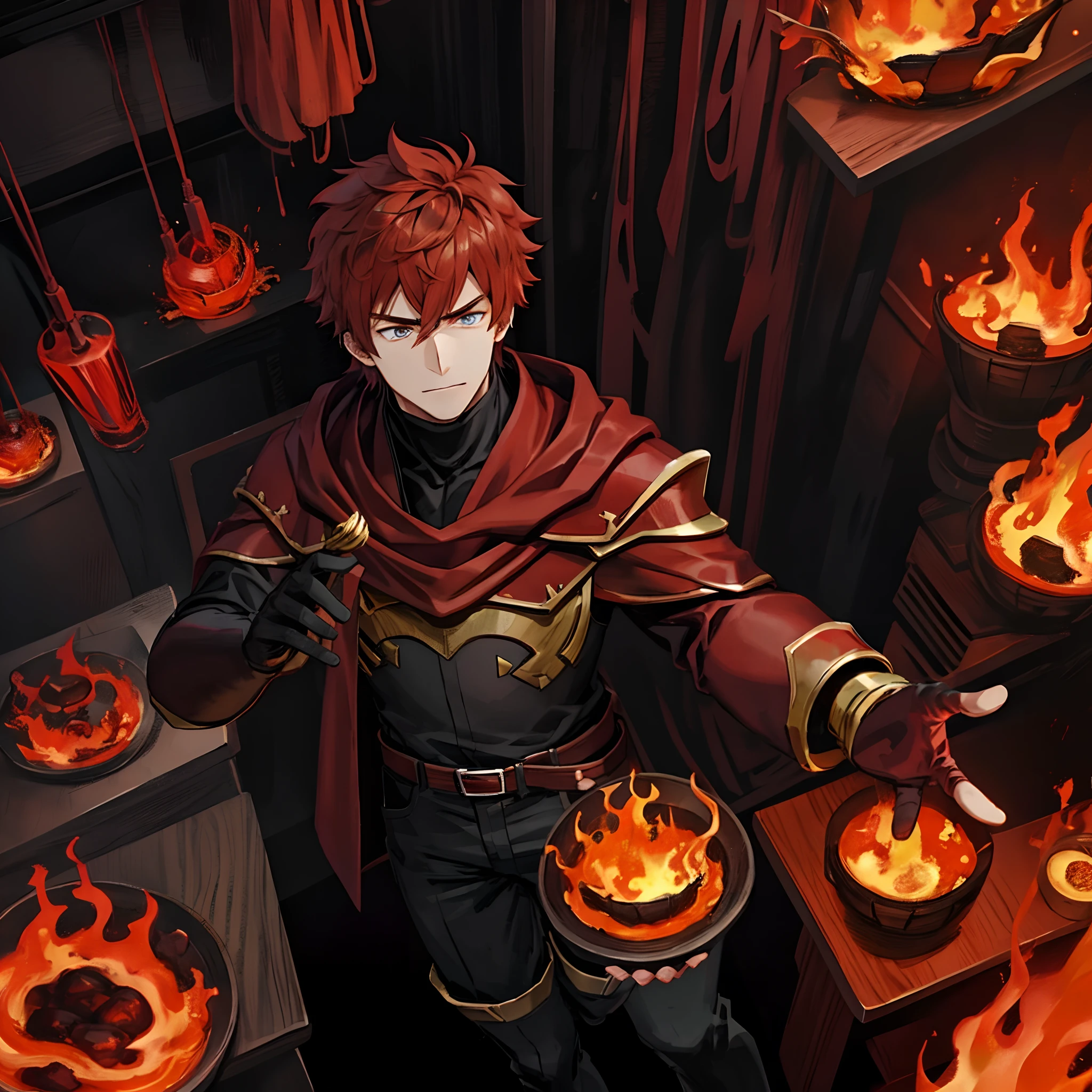 One Lava boy, in lava room, red cloak lava, strong face, male anime characters, male anime, young boy