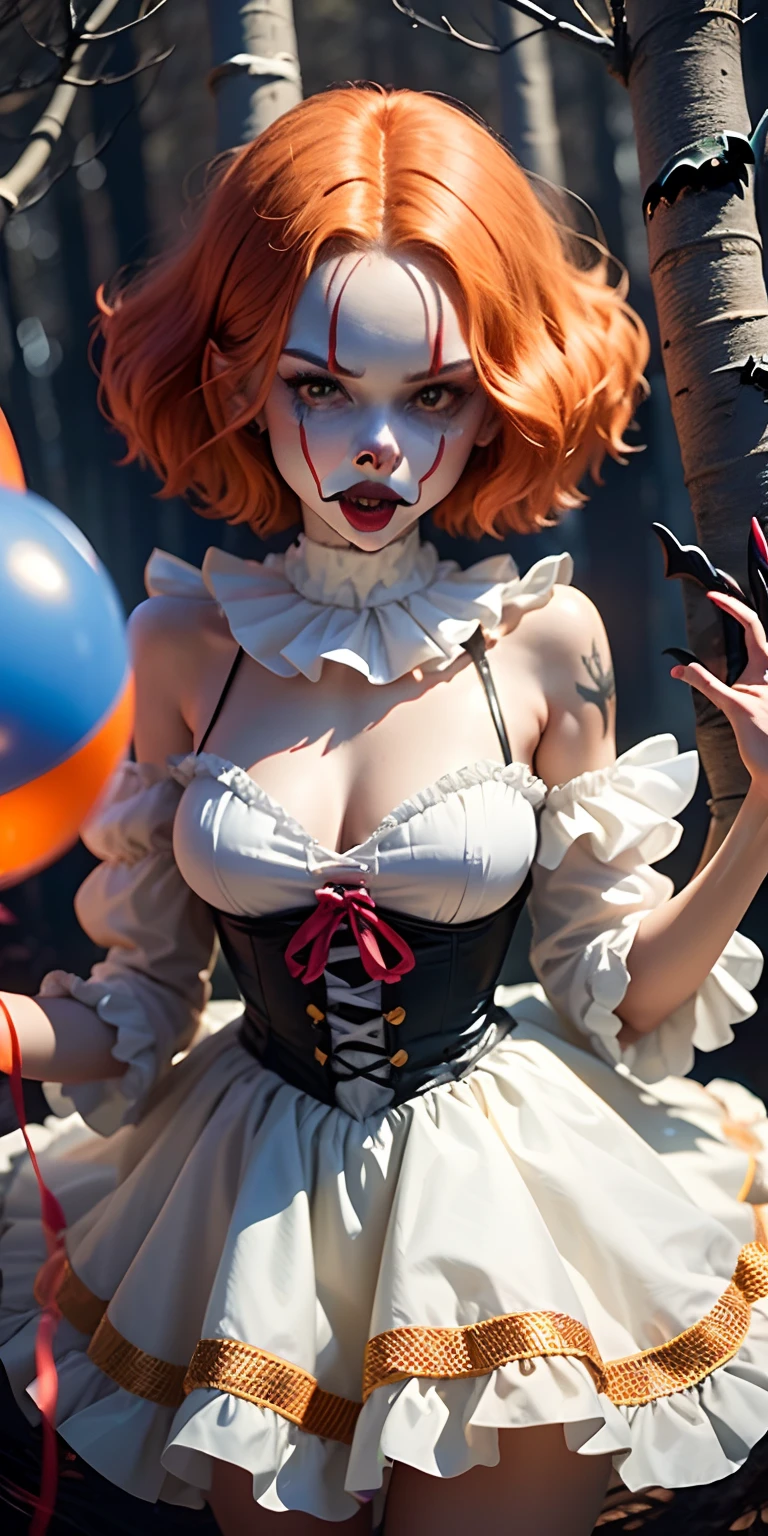 ((halloween)) ((magic forest)), (sexy costume), (((masterpiece))), (Kendall Jenner), , cute body, Pennywise from 'It' DIY Halloween Costume, If anyone fears clowns, they'll surely hide after you transform into Pennywise from It. For this shapeshifting monster, you'll need orange hair, a white dress and a red balloon. Captured from above, scary tattoos