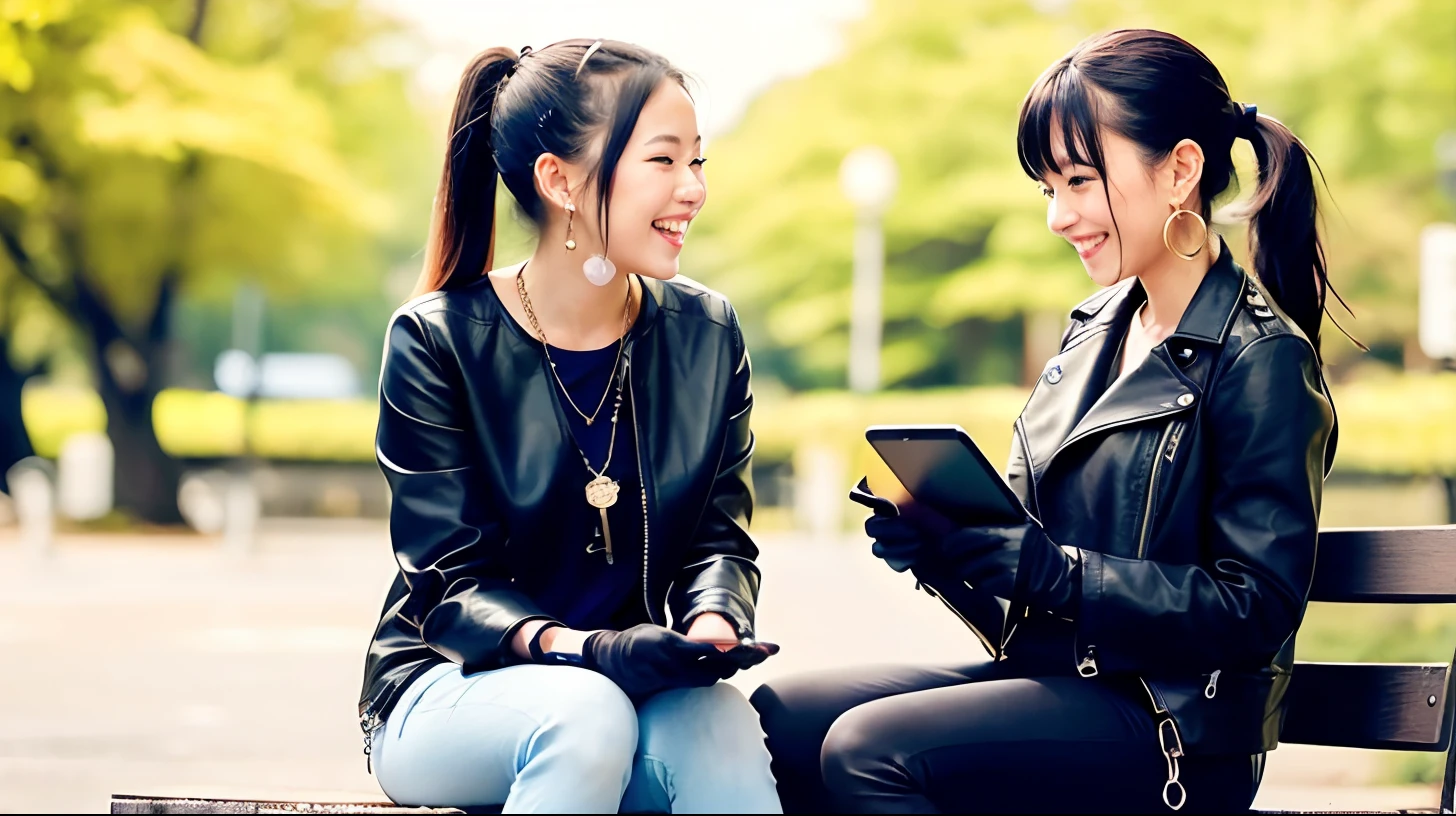 Japanese young cute smiling female secretary, black hair ponytail, black leather rider's jacket, black leather shirt, black leather skinny pants, black leather long boots, wearing black leather gloves in both hands, 8K, sitting on a summer park bench in the early afternoon ((with both hands of black leather gloves), smilingly operate the tablet, necklace, earrings, rider gloves beside