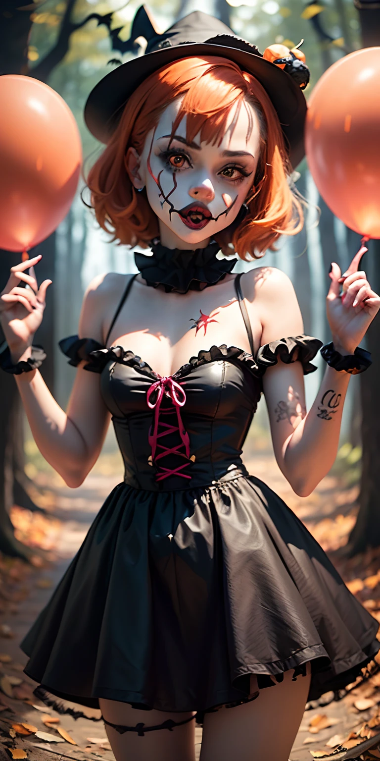 ((halloween)) ((magic forest)), (sexy costume), (((masterpiece))), (Selena Gomez), , cute body, Pennywise from 'It' DIY Halloween Costume, If anyone fears clowns, they'll surely hide after you transform into Pennywise from It. For this shapeshifting monster, you'll need orange hair, a white dress and a red balloon. Captured from above, scary tattoos