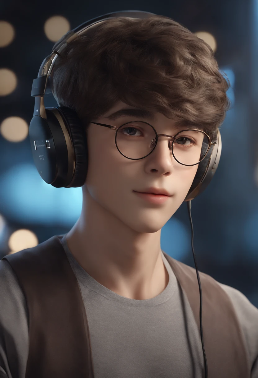 1boy, glasses, very short hair, headphones, mole under eye, oral invitation, seductive smile, close-up, UHD, masterpiece, anatomically correct, 16k