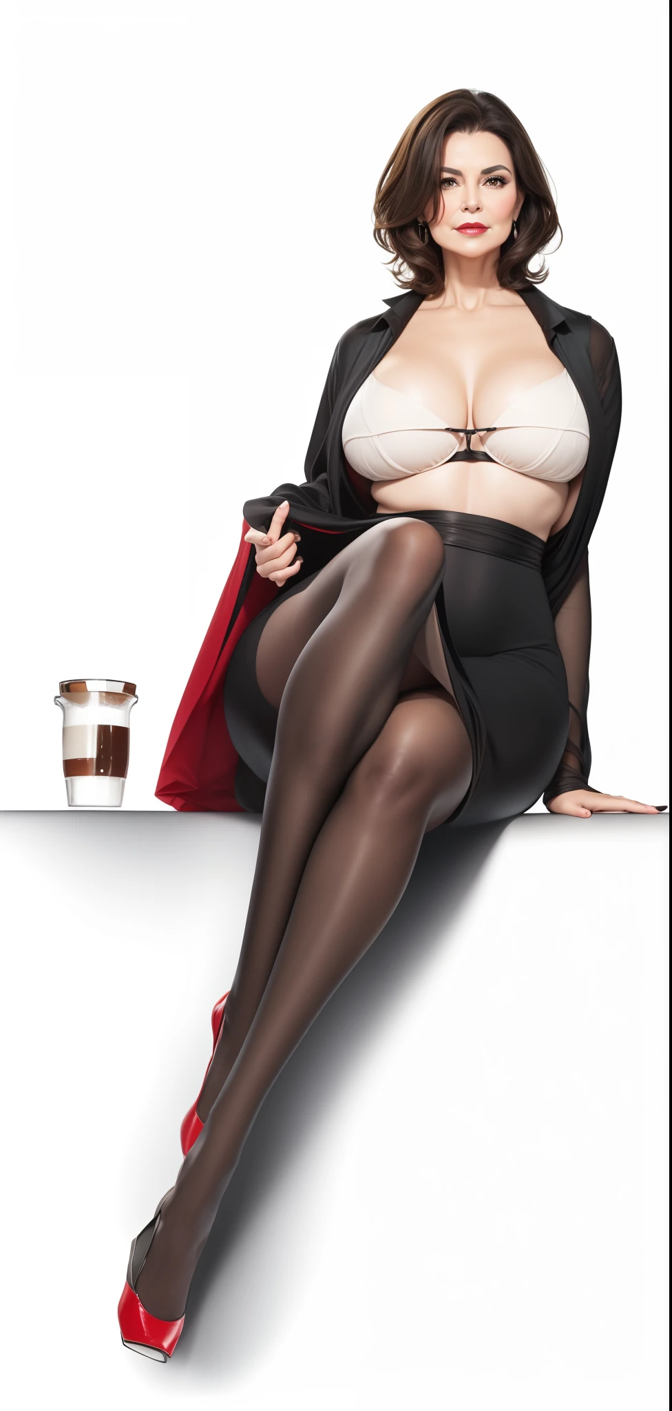 Portrait of a 60-year-old woman with short brown hair, a captivating gaze, Brown eyes, Wrinkles on her face, She wears a very sexy black evening dress that reveals big flabby breasts, Light makeup and red lips. 32K