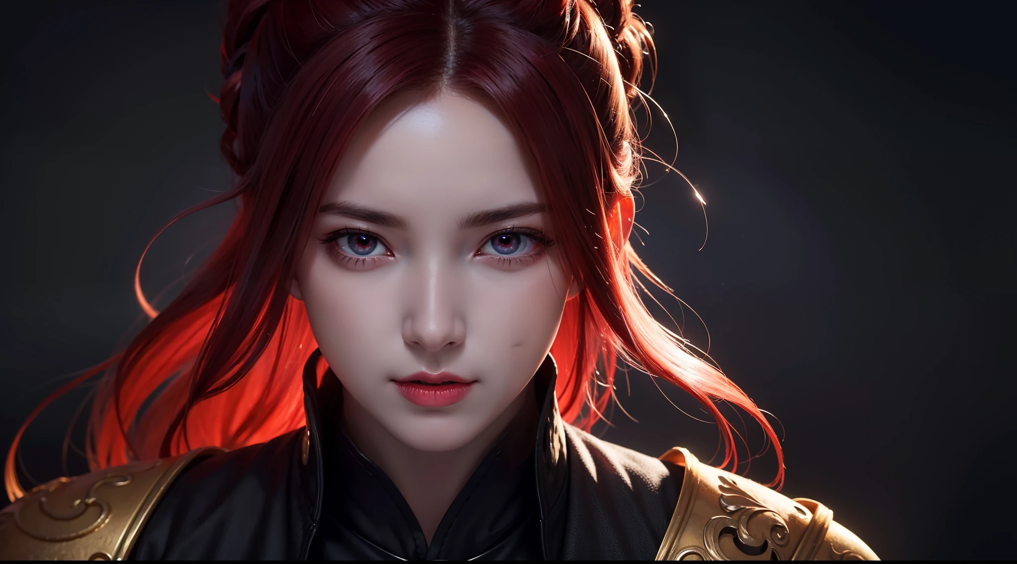 An 8k masterpiece, Highest resolution, Every detail, Meticulous details, Depth of field, bright colors, Nice layout: takes on a gorgeous Gohan anime character with brilliant red hair and beautifully detailed glowing eyes, standing on a dark and ominous background. This handsome demon slayer is the epitome of the bad guys in the fantasy art world.