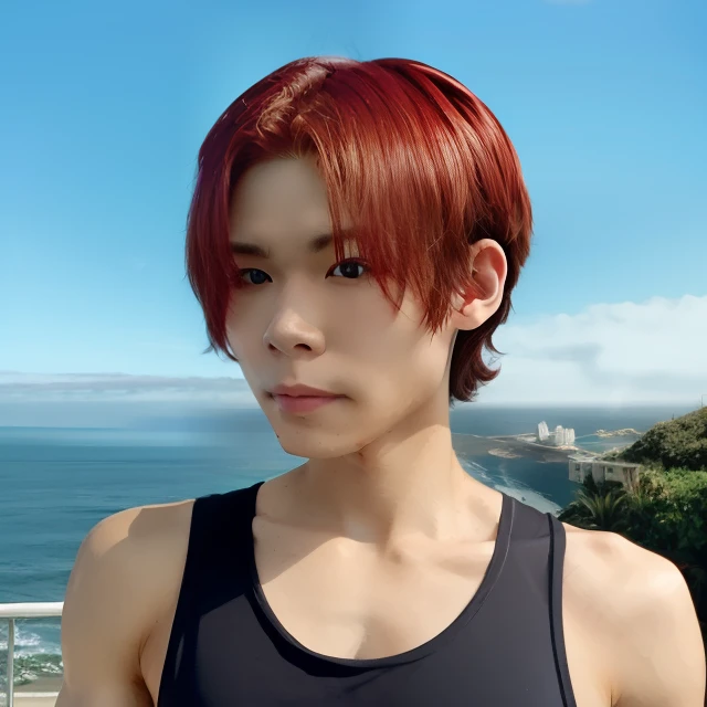 boy,solo,ocean view,muscle,tank top,collarbone