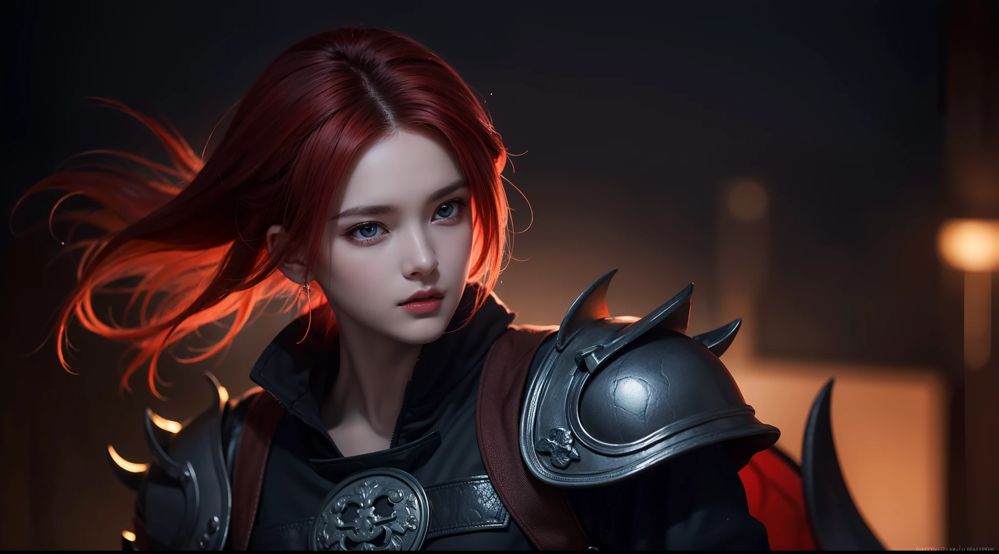 An 8k masterpiece, Highest resolution, Every detail, Meticulous details, Depth of field, bright colors, Nice layout: takes on a gorgeous Gohan anime character with brilliant red hair and beautifully detailed glowing eyes, standing on a dark and ominous background. This handsome demon slayer is the epitome of the bad guys in the fantasy art world.