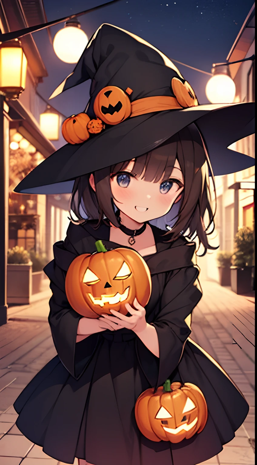 Halloween, Costumes, Brown hair, Black Hair Jack-o'-lantern, Mini Witch, Cute cityscape at night