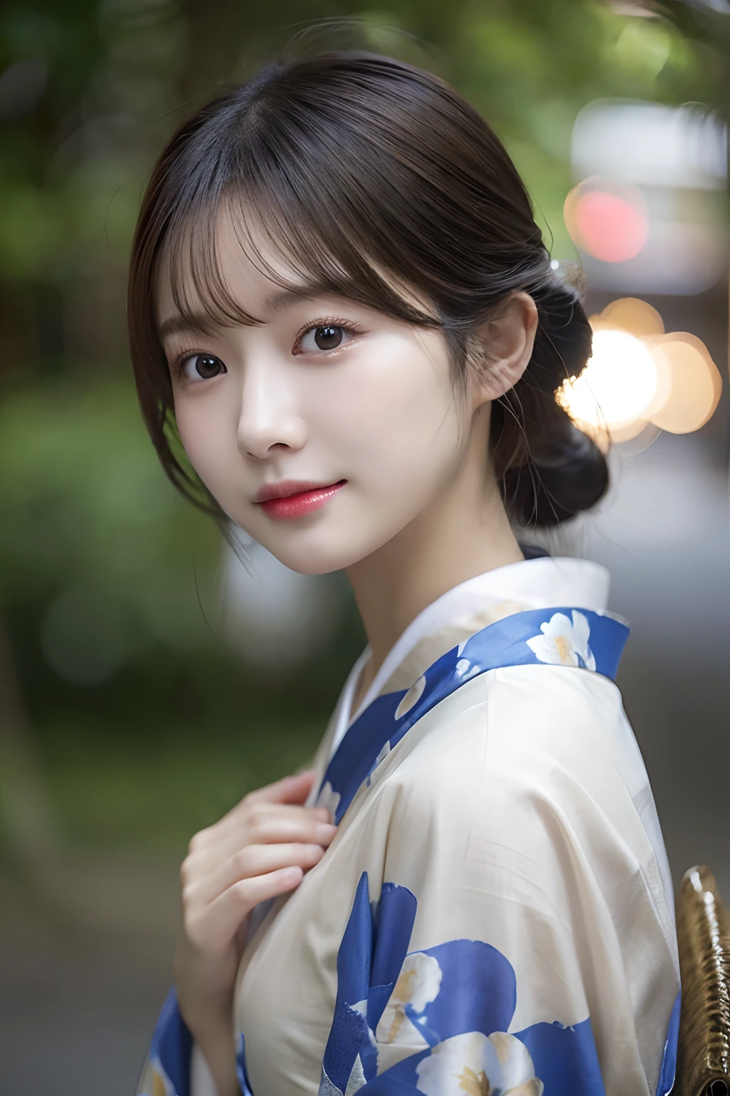 （(Kimono)）、(22year old)、randome pose、(top-quality,​masterpiece:1.3,超A high resolution,),(ultra-detailliert,Caustics),(Photorealsitic:1.4,RAW shooting,)Ultra-realistic capture,A highly detailed,High resolution 16K human skin closeup、 Skin texture is natural、、The skin looks healthy with an even tone、 Use natural light and color,女の子1人,japanes,49 years old,kawaii,A dark-haired,Middle hair,,smil,,(depth of fields、chromatic abberation、、Wide range of lighting、Natural Shading、)、