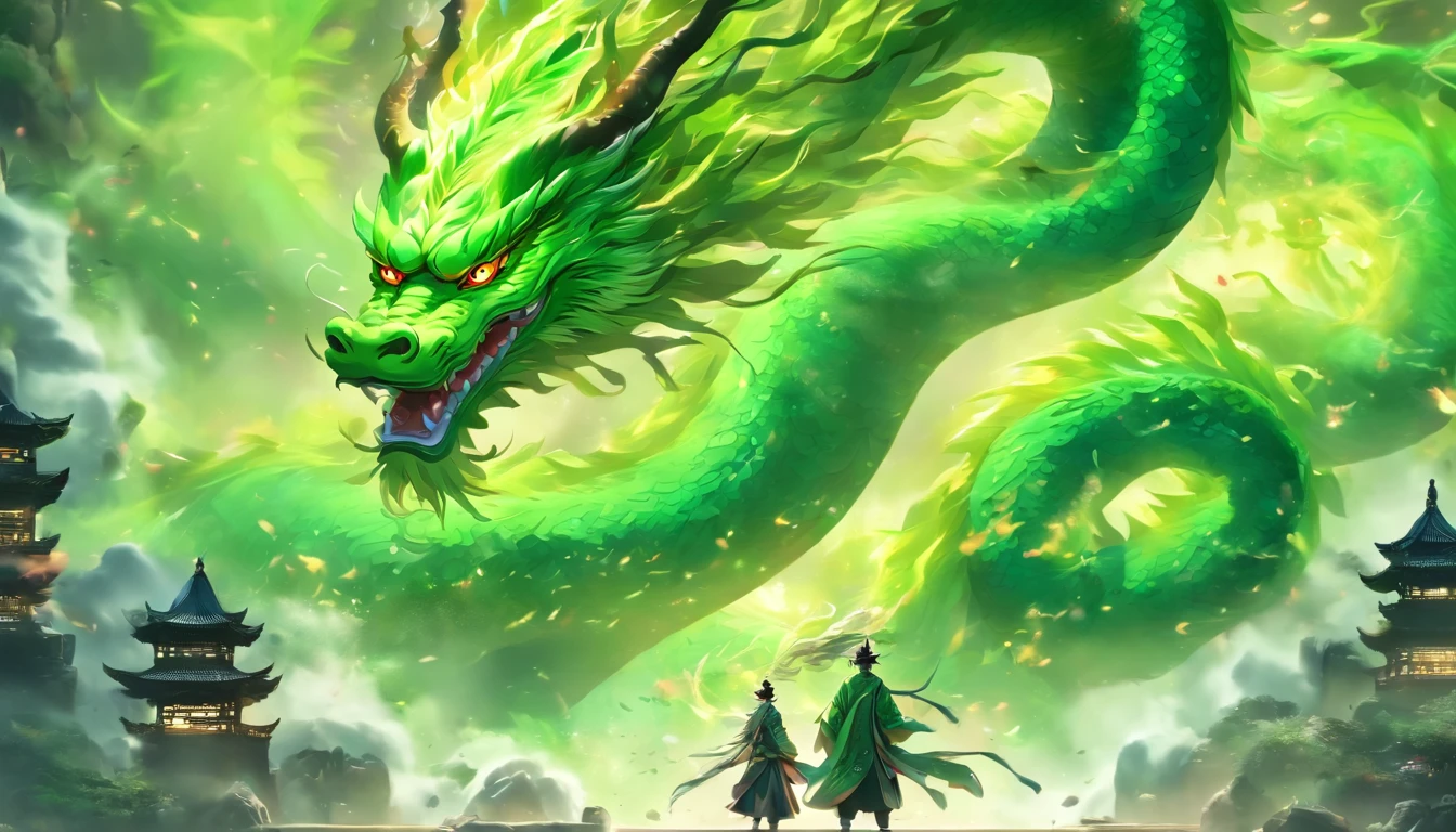 China-style，中景 the scene is，The Taoist priest stood in front of the huge green dragon，Stretch your hands，Long messy hair，Glow effects，Hyper-realistic，Ultra photo realsisim，Chinese black and white ink style，Silver，Decolorization，Smudge，ink，8K，super-fine，high qulity，（（（OC renderer）））