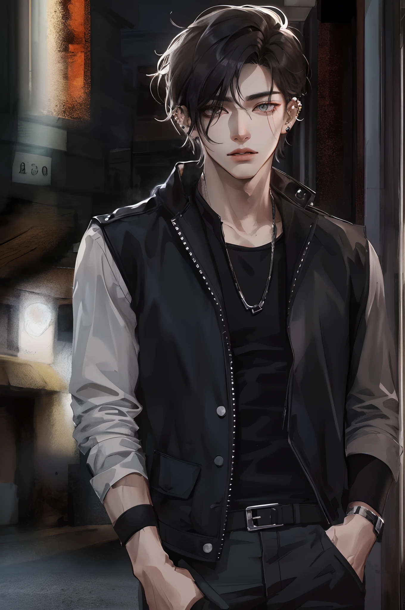 Describe the striking features of the Korean boy in sharp HD graphics, with his piercing amber eyes and chiseled jawline, wearing a stylish, modern outfit that accentuates his lean physique. His short, dark hair is styled in a contemporary way, giving him an air of confidence and charm as he stands against a vibrant cityscape backdrop.