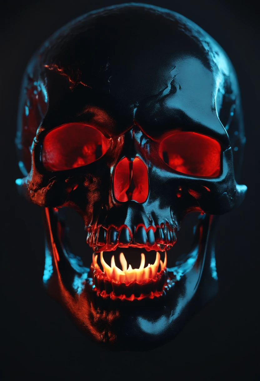 (best quality,4k,8k,highres,masterpiece:1.2),ultra-detailed,(realistic,photorealistic,photo-realistic:1.37),red and blue neon skull,open mouth,broken head,honey isolated,bottom background,glowing eyes,cracked texture,reflective surface,pulsating lights,futuristic,grim expression,dark shadows,glowing honey dripping from the broken head,sharp edges,metallic appearance,sci-fi,ominous atmosphere,skull-shaped neon outline,ethereal glow,mesmerizing colors,contrasting red and blue,deep black background