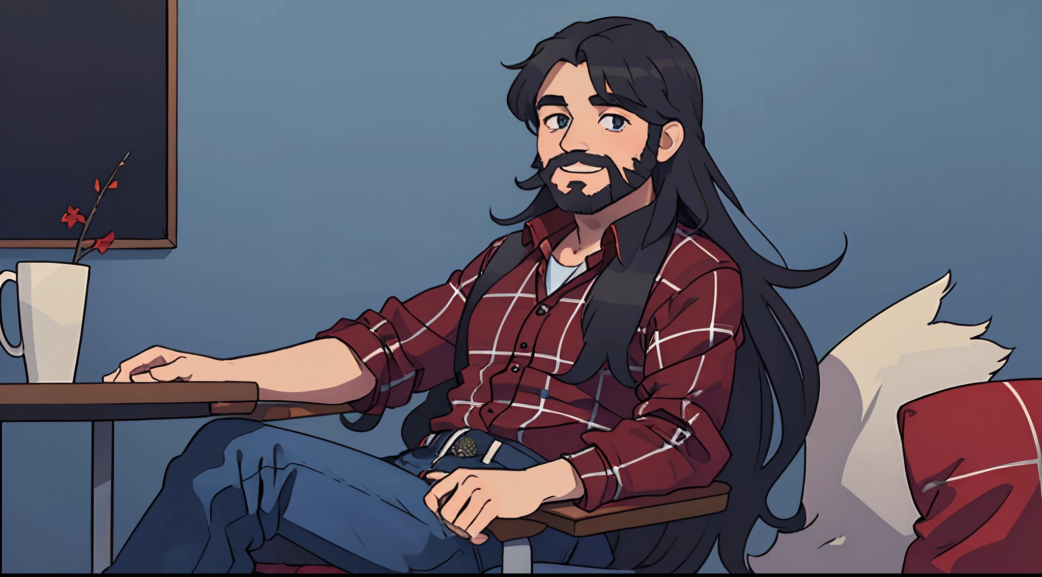 1 Man with a short black beard and long flowing hair, wearing a red plaid shirt and blue jeans, sitting down smiling