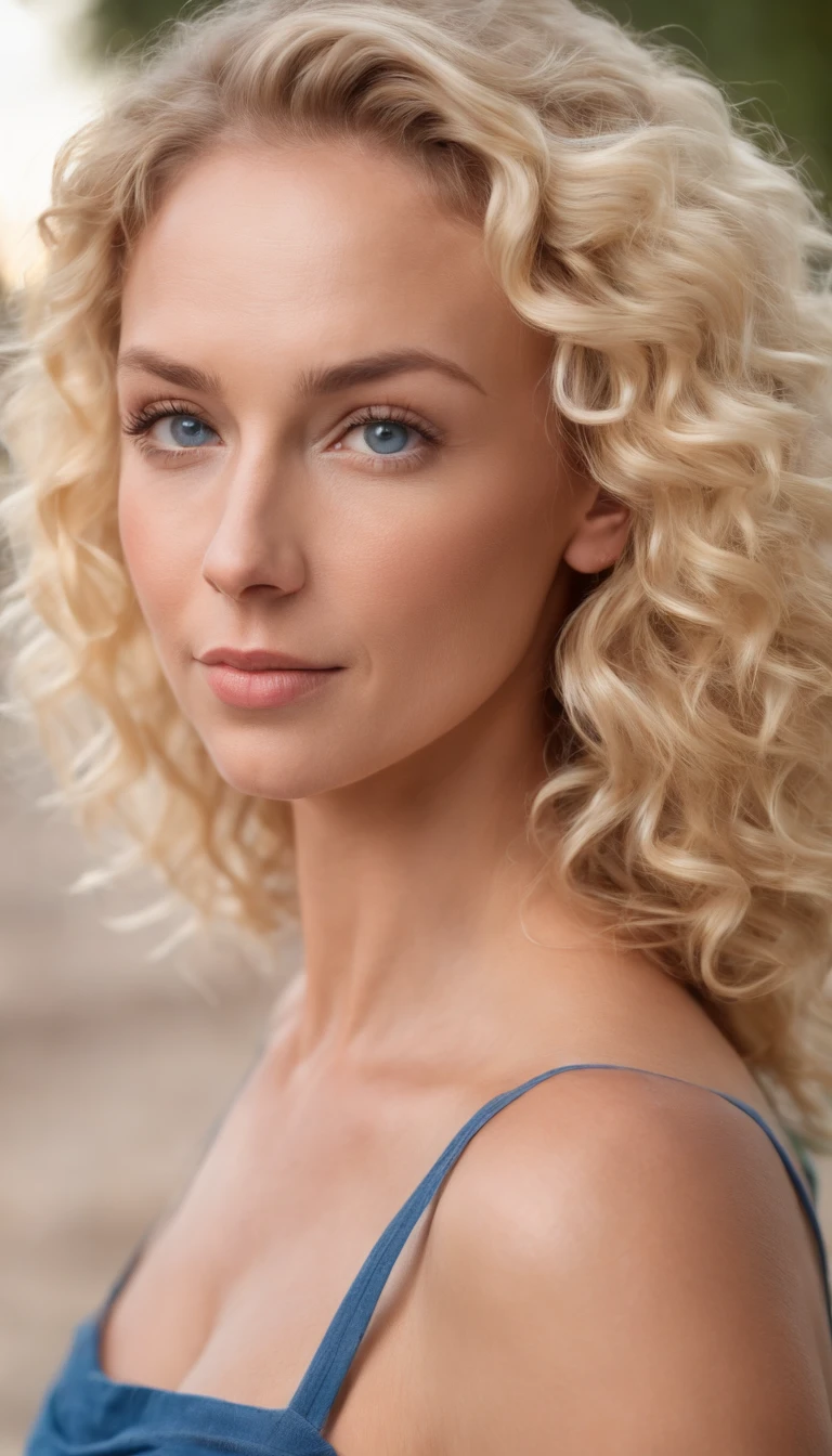 a closeup of the skin of a beautiful 30 to 40 year old blonde woman with curly hair, blue eyes, tanned skin, in summer clothes,