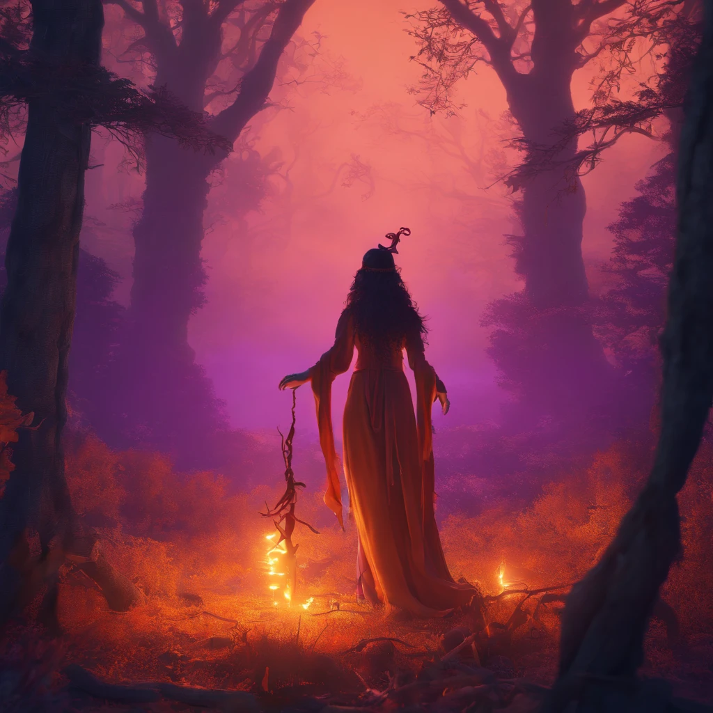 "(best quality, highres, ultra-detailed), The goddess casting mystical glowing spells in a haunted forest, orange and purple hues, portraits, vivid colors, extreme detail description, sharp focus, physically-based rendering, studio lighting, horror, witch, magical, eerie atmosphere, swirling fog, ethereal glow, ancient trees, twisted branches, moonlit sky, mysterious shadows, spellbinding, enchanting, hauntingly beautiful"