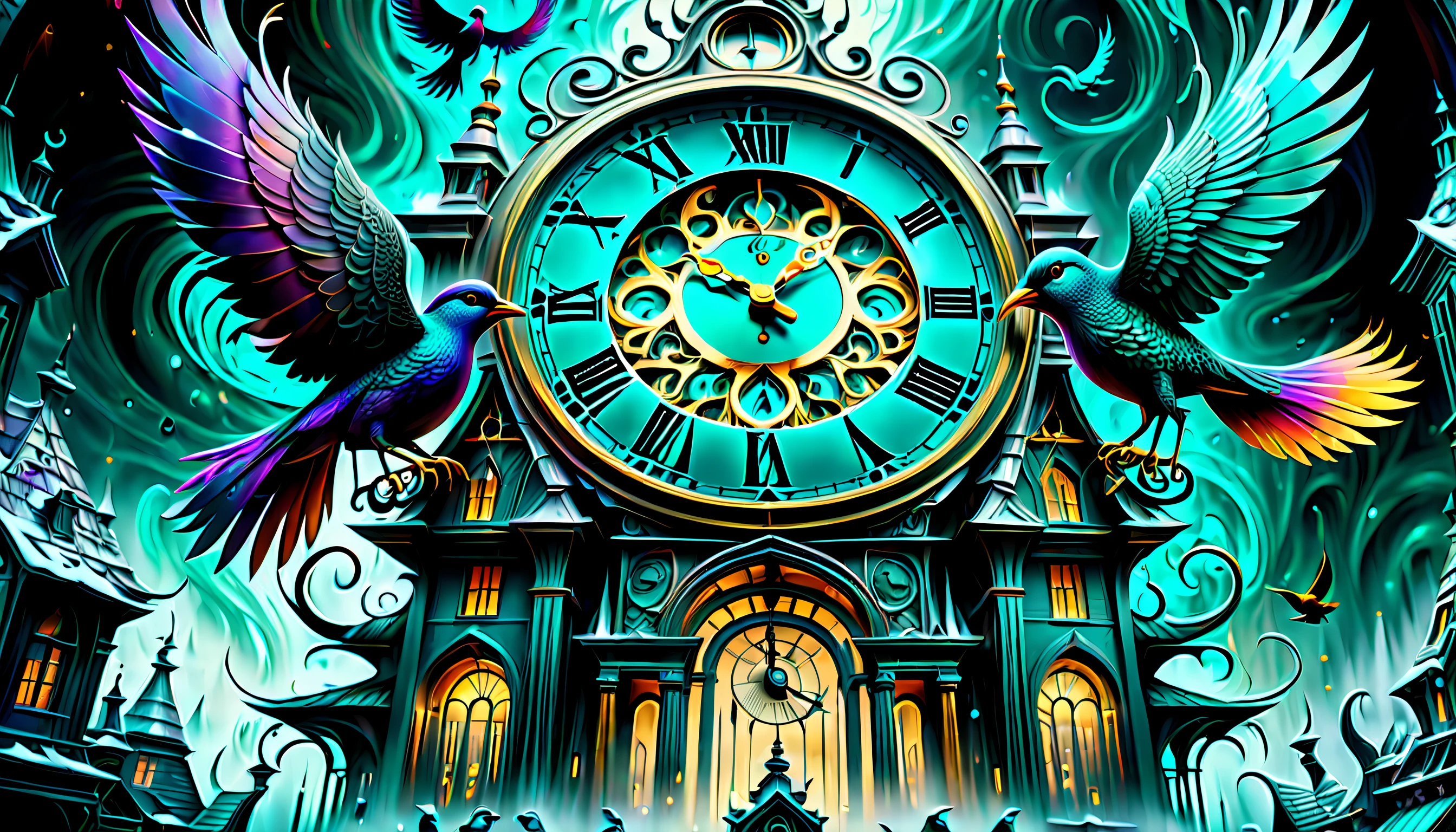 (((clock is freezing magical academy of swirling vortexes architecture is intricate detailed digital painting illustration:1.4))), (around beautiful mythological dark fantasy creature birds of epic trance mist:1.3), ((dark cyan dark fantasy and dark rich colors glow fused fear wish:1.2)), (create burning angel wings to dust hell:0.5), (cinematic still and angle:1.1), (((extremely incredibly detailed:1.3))), intricate insane details, (((radiosity rendered in stunning 32k resolution:1.4))), highest quality, highly quality, sharpness and clarity unmatched, vivid clarity that is unmatched, an amazing felling comin through, (((extremely incredibly detailed:1.1))), (((intricate insane details:1.3))), (((mesmerizing and visually diverse rendering of rich colors:1.4))), exuding a sense of sophistication and maturity of stunning landscape illustration, (((incredibly detailed:1.3))),