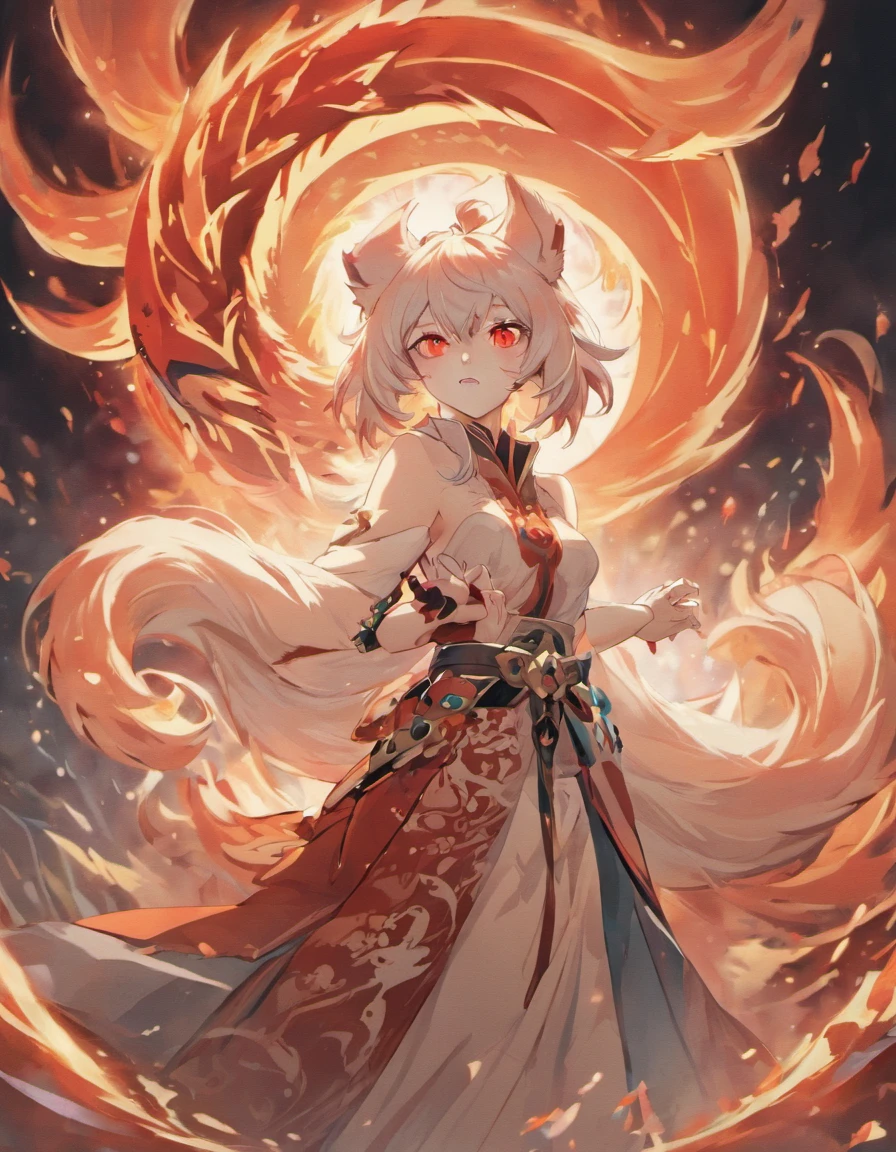 （（（（Nine-tailed white fox）））The background is a super-large moon, Nine-Tailed Fox, Dreamy, Millennium Fox Demon, onmyoji detailed art, Nine Tails, beautiful artwork illustrations, a mythical creature, Fox, beautiful digital works of art, Exquisite digital illustration,  digital art on pixiv, Bright light, High contrast, Horror movie themes, Dark atmosphere、Open your mouth wide and exhale flames、intimidating pose、God brightly々Red Eyes, 9 tails pointing upwards, Dynamic, Mythological background,Slender figure