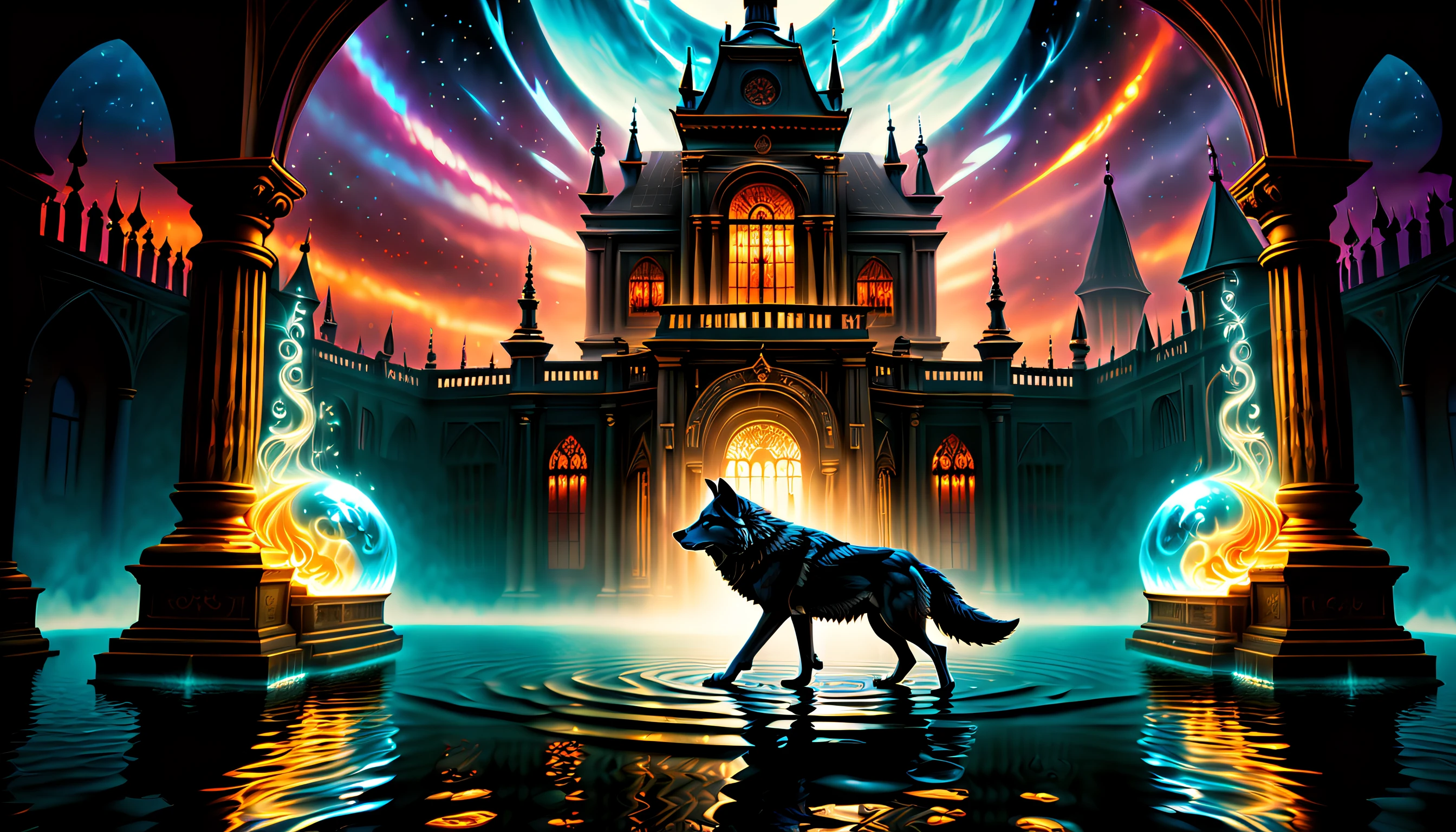 (((fake shadow magical academy of create divine-wolf-atmosphere architecture is intricate detailed digital painting illustration:1.5))), around lots fantasy flame in the water ball glowing with lighting, ((dark rich colors glow fused fear wish:1.2)), (create ultra quality dark fantasy wish:1.5), (pure and correct world full of mistakes:0.6), (cinematic still and angle:1.1), (((extremely incredibly detailed:1.3))), intricate insane details, (((radiosity rendered in stunning 32k resolution:1.3))), highest quality, highly quality, sharpness and clarity unmatched, beautiful semi-transparent clarity that is unmatched, an amazing felling comin through, (((extremely incredibly detailed:1.1))), (((intricate insane details:1.3))), (((mesmerizing and visually diverse rendering of rich colors:1.4))), exuding a sense of sophistication and maturity of stunning landscape illustration, (((incredibly detailed:1.3))),