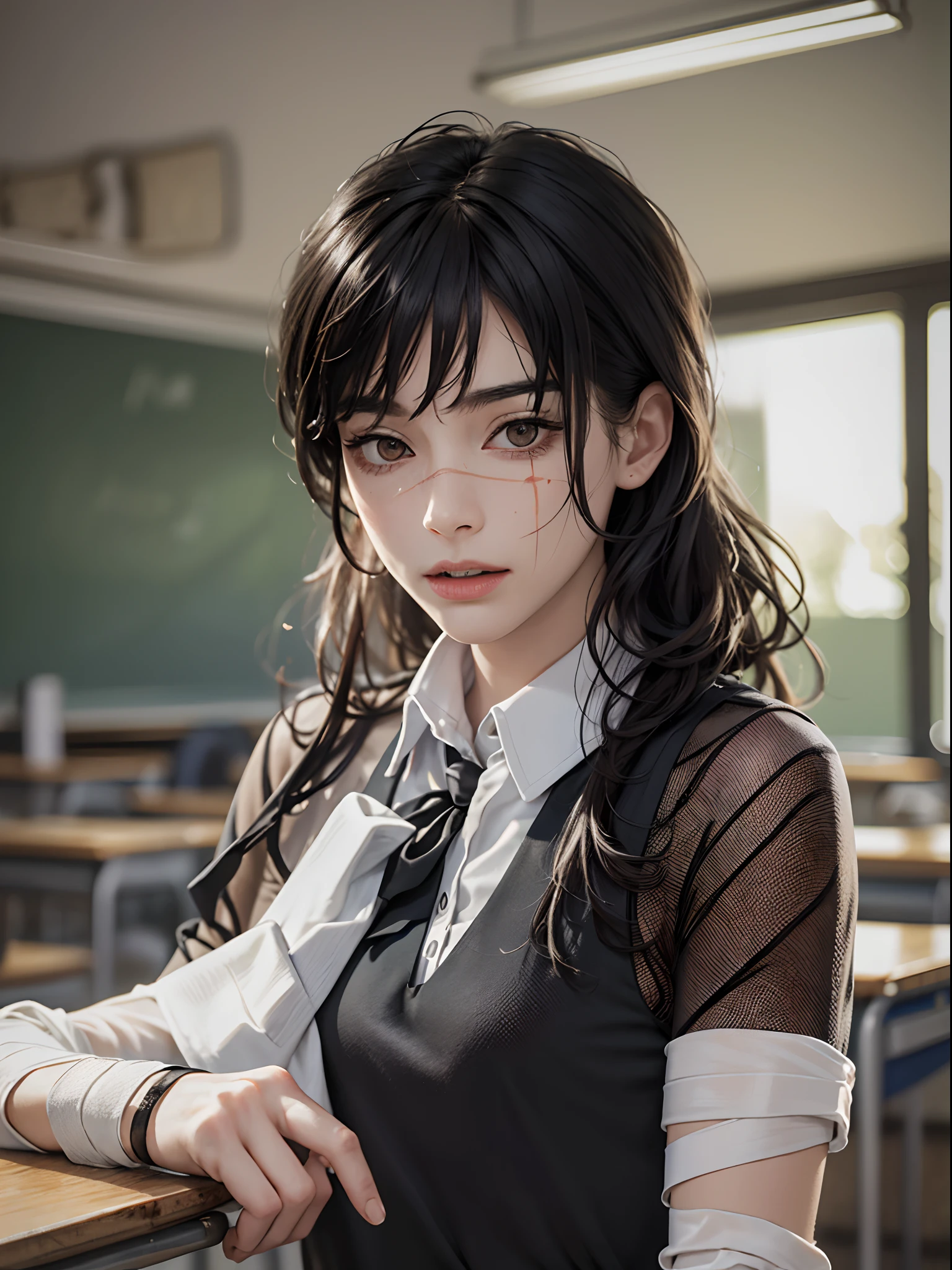 ((masterpiece, best quality)), (1girl), (solo), (female focus), Yoru \(chainsaw man\),(very detailed face, real image, realistic skin, realistic body, intricate details), upper body, focus on face, dark eyes, bandages over the body, black hair, hair tied, far sleeve shirt, pinaforee dress, black tie, bandages, blood, bandages, blood, blood, small breasts, classroom, students,  Blur background