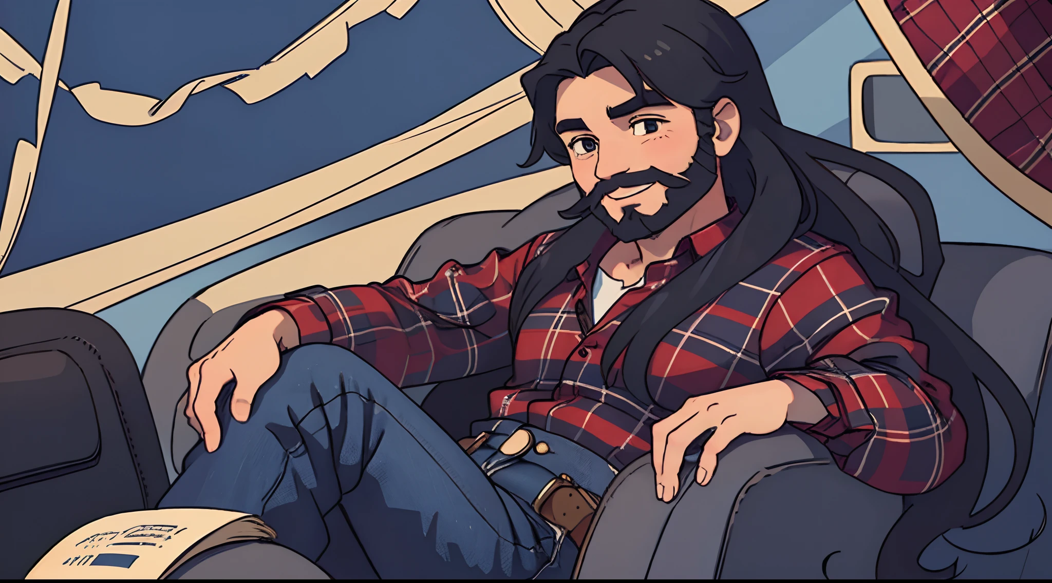 1 Man with a short black beard and medium-long flowing hair, wearing a red plaid shirt and blue jeans, sitting down smiling