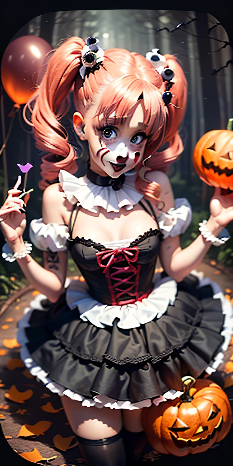 (((Ariana Grande))), ((halloween)) ((magic forest)), (sexy costume), ((masterpiece)) , cute body, (Pennywise) from 'It' DIY Halloween Costume, If anyone fears clowns, they'll surely hide after you transform into Pennywise from It. For this shapeshifting monster, you'll need orange hair, a white dress and a red balloon. Captured from above, scary tattoos