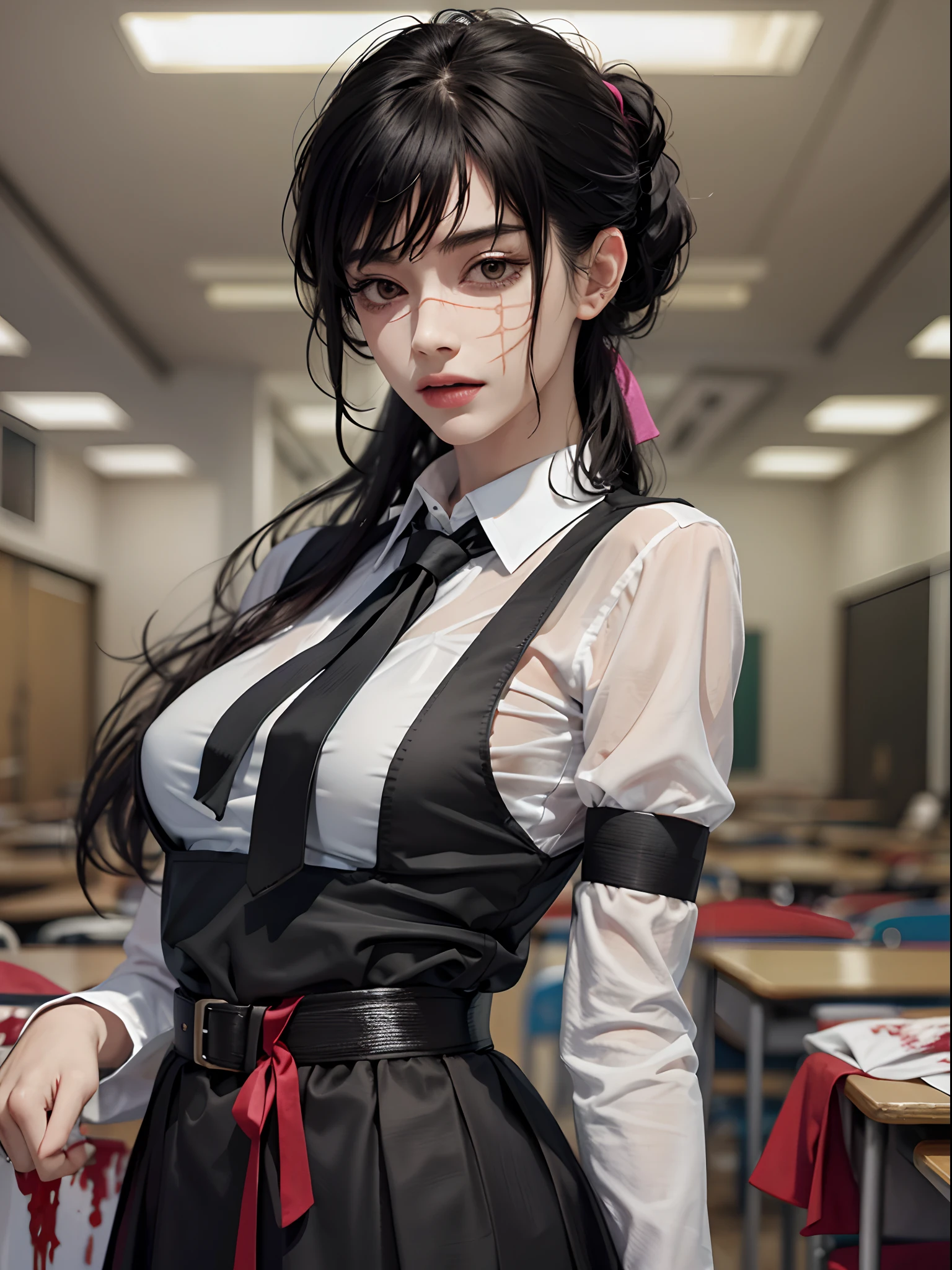 ((masterpiece, best quality)), (1girl), (solo), (female focus), Yoru \(chainsaw man\),(very detailed face, real image, realistic skin, realistic body, intricate details), upper body, focus on face, dark eyes, bandages over the body, black hair, hair tied, far sleeve shirt, pinaforee dress, black tie, bandages, blood, bandages, blood, blood, small breasts, classroom, students,  Blur background