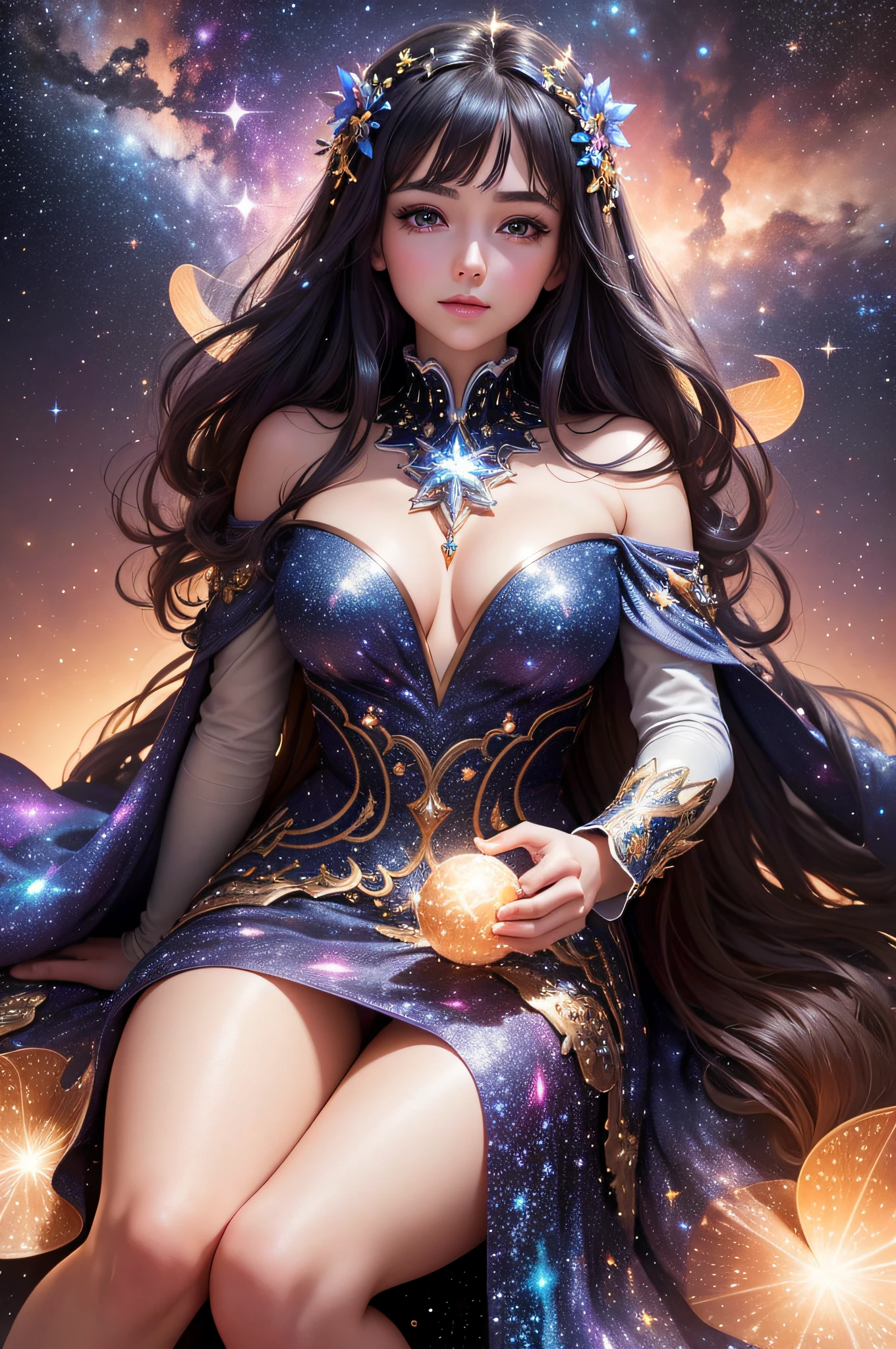 High detail, super detail, perfect hands, perfect fingers,  super high resolution, mature girl enjoying her time in the dream galaxy, surrounded by stars, warm light sprinkled on her, background is starry sky with colorful galaxies and galaxy clouds, stars flying around her, delicate face, adding playful atmosphere ,