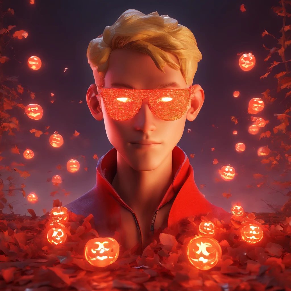 a . Blonde Haircut. red eyes. He loocks to the left side. long pointed ears. male teenager with a sad face, high different eye color, ,Broken Glass effect, no background, stunning, something that even doesn't exist, mythical being, energy, molecular, textures, iridescent and luminescent scales, breathtaking beauty, pure perfection, divine presence, unforgettable, impressive, breathtaking beauty, Volumetric light, auras, rays, vivid colors reflects, the best quality, masterpiece male focus, solo, red moon, castle, lot of bats, pumpkin lantern, Halloween, Mysteriou