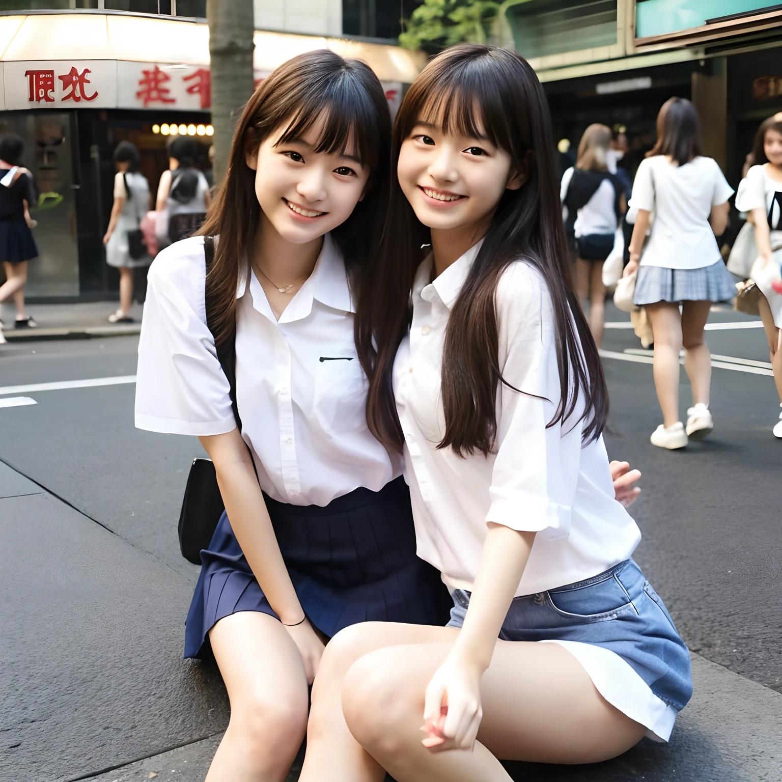 17 age、hi-school girl、white  shirt、Cute eyes、legs are long、Smiling smile、City of Shibuya。Two with a friend。full bodyesbian