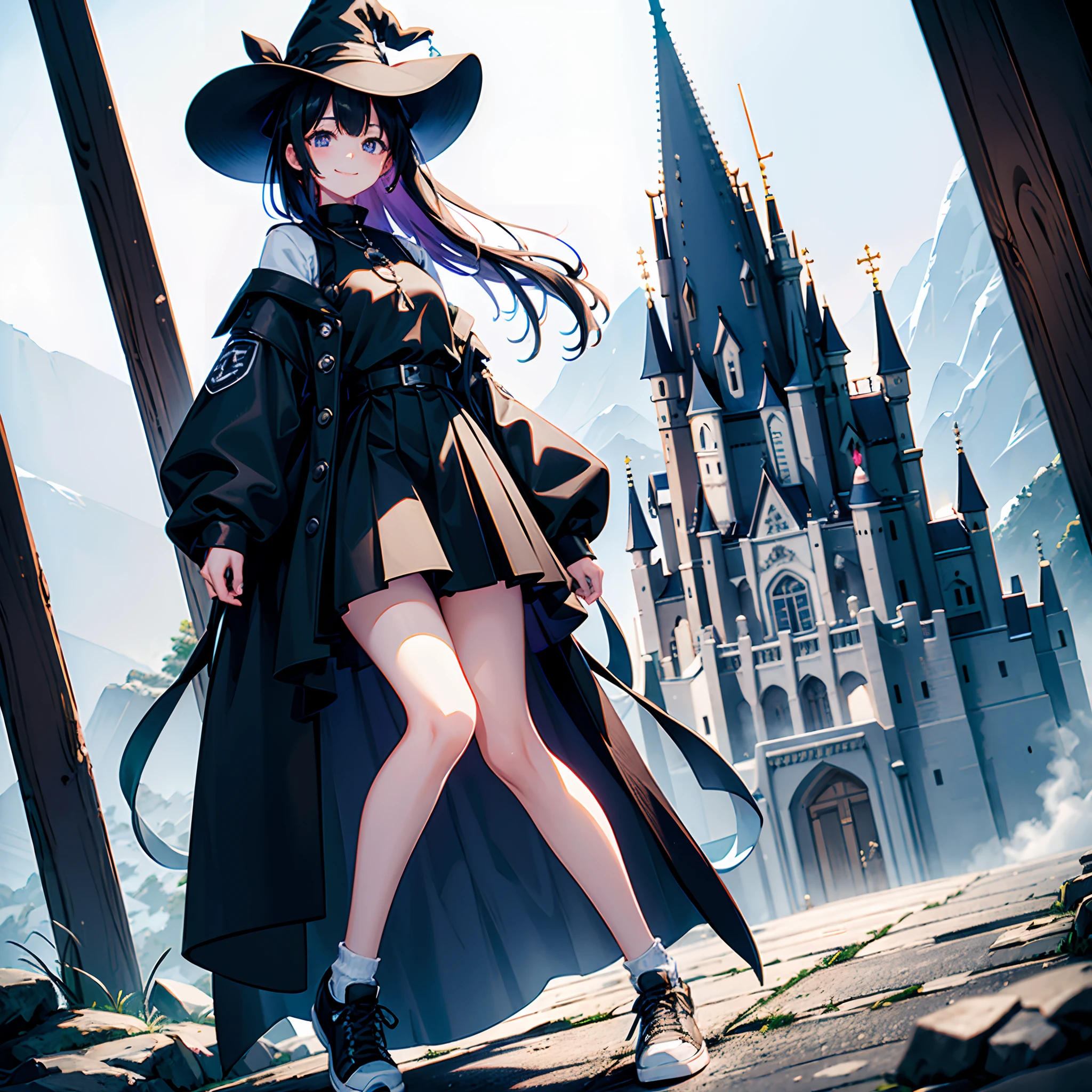 A mystical otherworldly half-timber town、Standing Girl、Black coat、white t-shirt、a black skirt、beautiful thigh、Beautiful feet、Light blue-purple short hair、Looking at me with a smile、Black sneakers with white shoelaces、Large witch hat with sapphire accessories、Dark brown eyes with highlights、On a hilltop with a panoramic view of the town、Historic big castle、hiquality、high-level image quality、