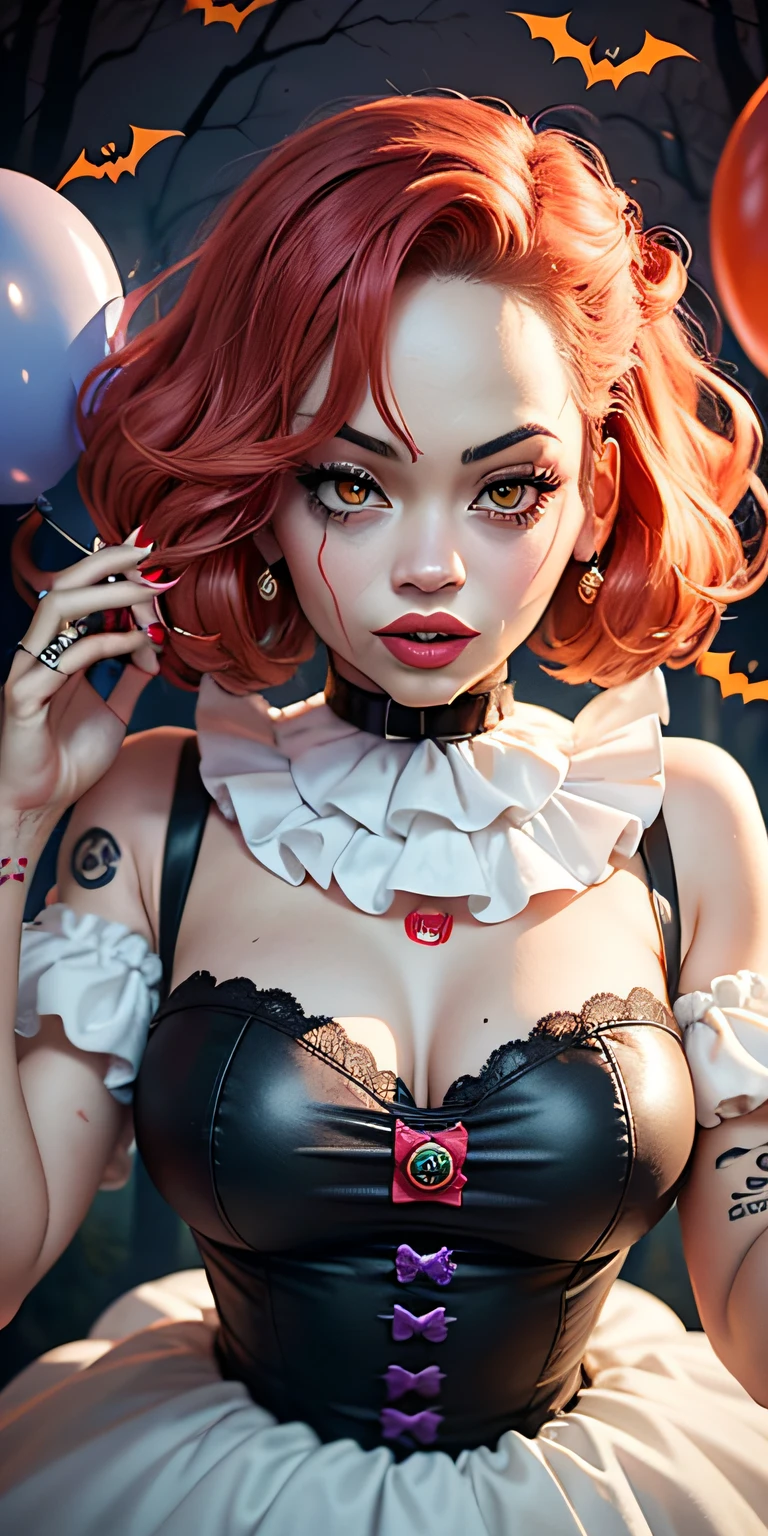 (((Rita Ora))), ((halloween)) ((magic forest)), (sexy costume), ((masterpiece)) , cute body, (Pennywise) from 'It' DIY Halloween Costume, If anyone fears clowns, they'll surely hide after you transform into Pennywise from It. For this shapeshifting monster, you'll need orange hair, a white dress and a red balloon. Captured from above, scary tattoos