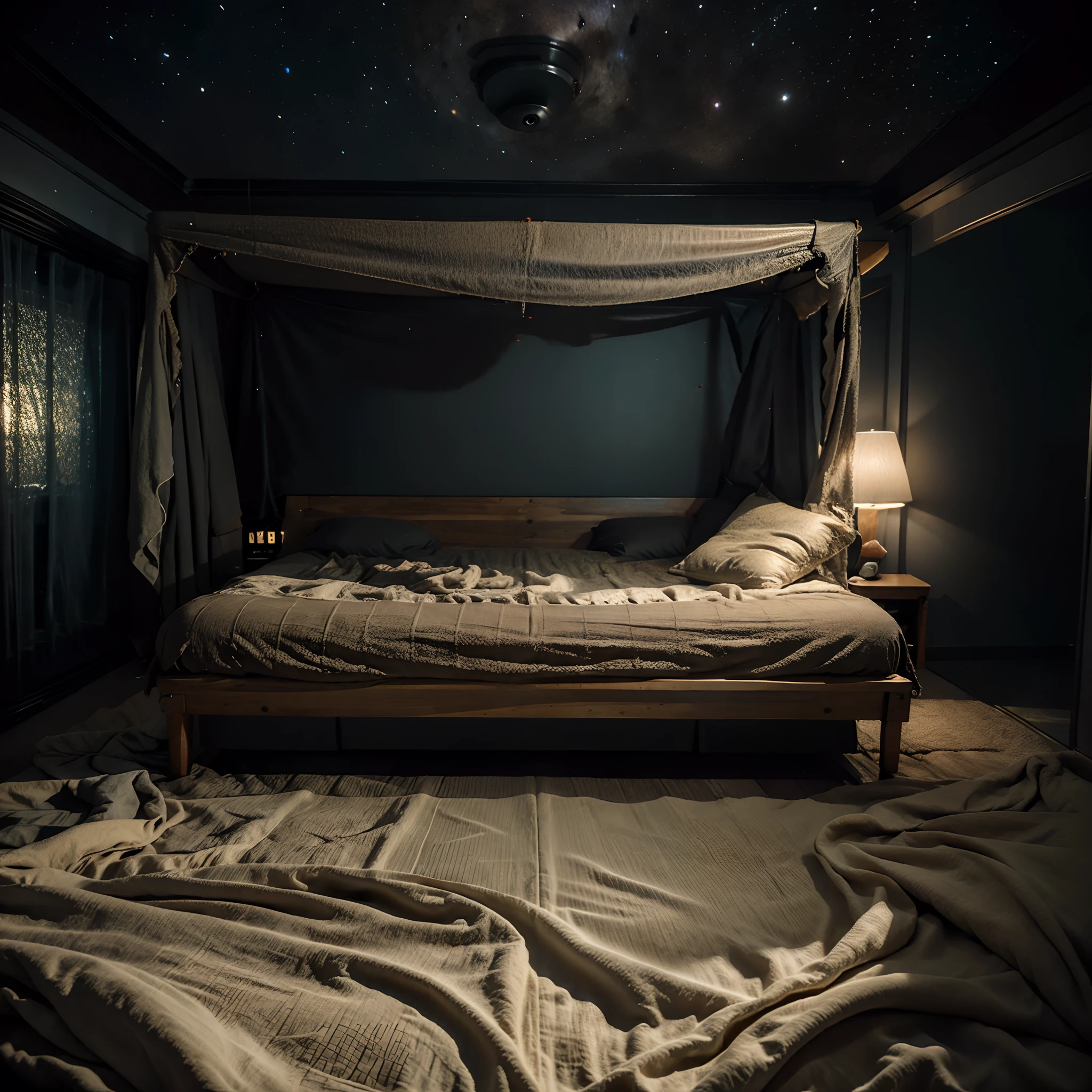 A bed floating in space during the night