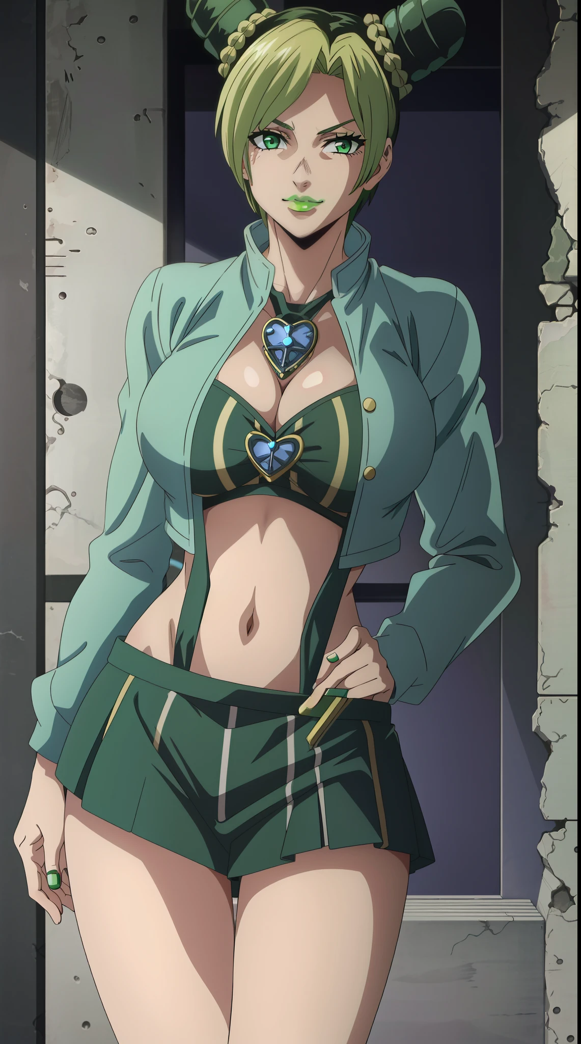 1girl, solo, jolyne, neon green eyes, green lips, closed mouth , looking at viewer, halterneck, jacket, castle, short hair (Jolyine kujo) huge breasts standing naval midriff