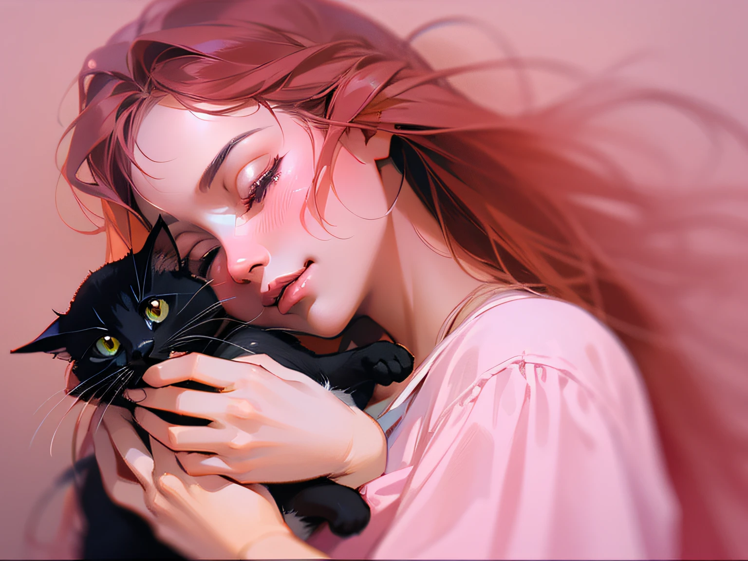 Beutiful women, 18 years old, Holding a pure black kitten with his eyes closed, Daytime, joy, Cinematic lighting, photorealistic image, picture perfect,Pink Long Hair