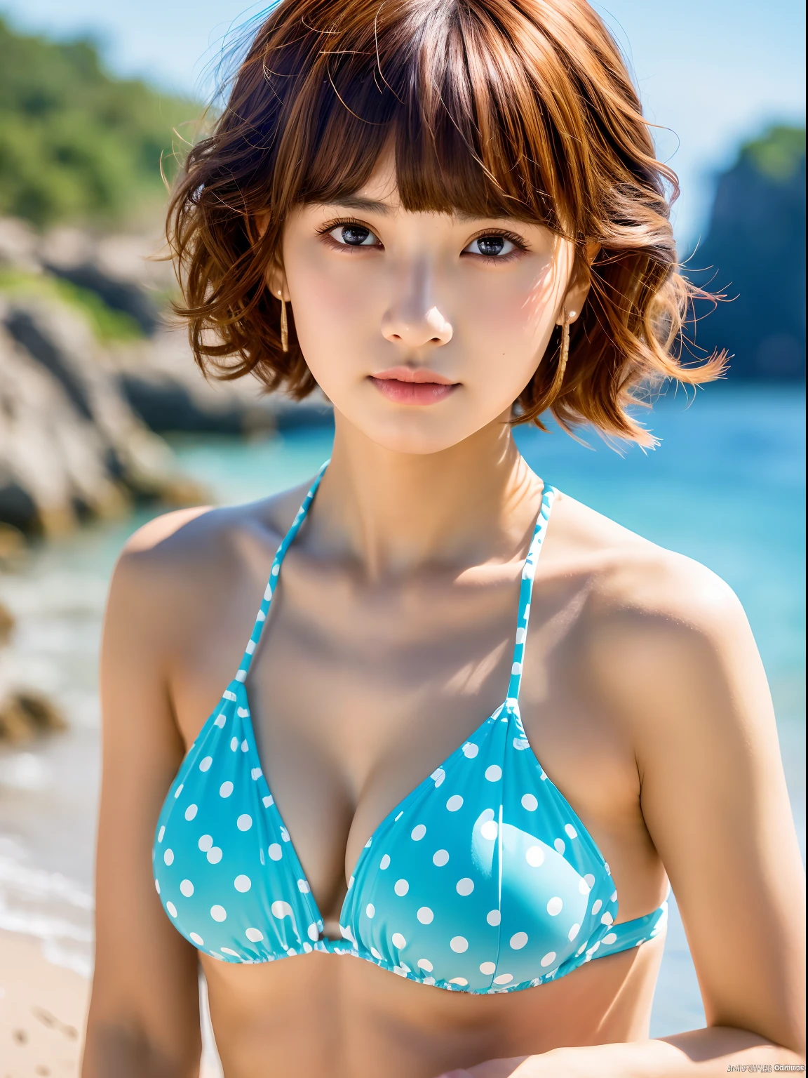 Fantastic atmosphere、Highly detailed CG Unity 8k wallpaper, of the highest quality, ultra-detailliert, masutepiece, Realistic, photographrealistic, extremely detailed cute girl, sixteen years old, Young Face、Brown eyes、Round eyes, the viewer, Orange makeup, Curly Bob Cut Hair、thick bangs、Upper body , Armpit , Beautiful seaside landscape in the background、Polka dot bikini、 out of focus、Blurring、