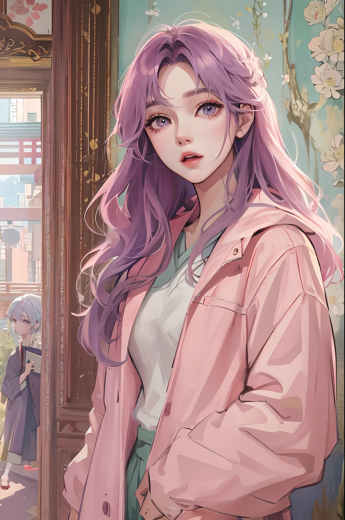 Absurdres, Masterpiece, Best quality, light colors, pastel colors, korean girl with Beautiful face , beautiful hair , a character from kdrama, anime eyes, semi casual clothes, masterpiece background, detailed background