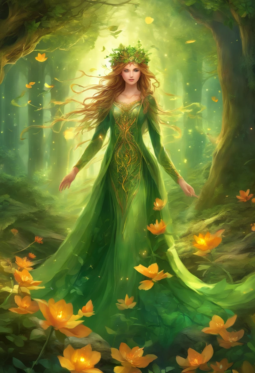 "(best quality: 1.2), masterpiece, ultra-detailed 8K UHD, ((official art)), cg, 1 ethereal forest goddess, immersed amidst ancient towering trees, (mystical aura:1.3), her flowing dress made of intertwined vines and delicate leaves, (meticulously detailed), skin glowing with a soft green luminescence, (elemental bond with nature:1.2), her long hair intertwined with flowers, buds, and branches, (intricate forest-themed jewelry:1.2), (eyes reflecting deep forest mysteries:1.3), a crown made of intertwined branches and shimmering dewdrops, (feet barely touching a moss-covered ground:1.1), surrounded by magical forest creatures, both seen and unseen, (aura of forest whispers:1.3). Fluttering fireflies illuminating her silhouette, (nurturing and gentle expression:1.1), hands outstretched, releasing a flurry of vibrant petals and leaves, ((heart of the forest)), ultra-detailed background showcasing the heart of an enchanted forest, with light beams piercing through dense foliage, (dance of the shadows and lights:1.3), (symbol of life and renewal:1.2), solo, (sound of nature resonating:1.1), (detailed flora patterns on her attire:1.3), (contrast of earthy tones and shimmering greens:1.3)".